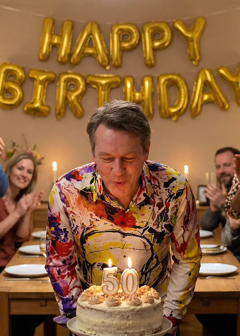 The birthday boy turns 50 and blows out the candles on the cake. He is wearing the colorful KRECKELBECK shirt.
