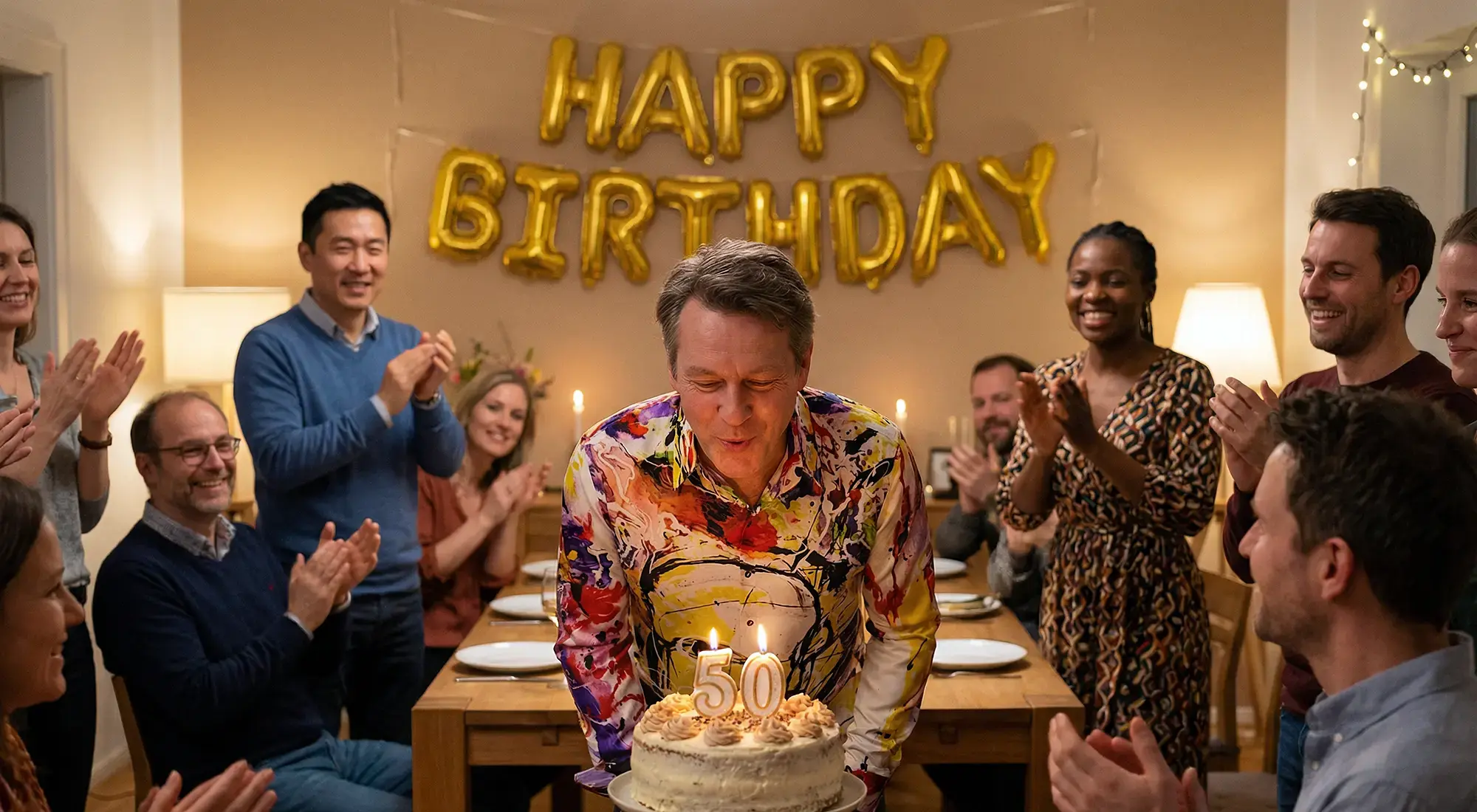 The birthday boy turns 50 and blows out the candles on the cake. He is wearing the colorful KRECKELBECK shirt.