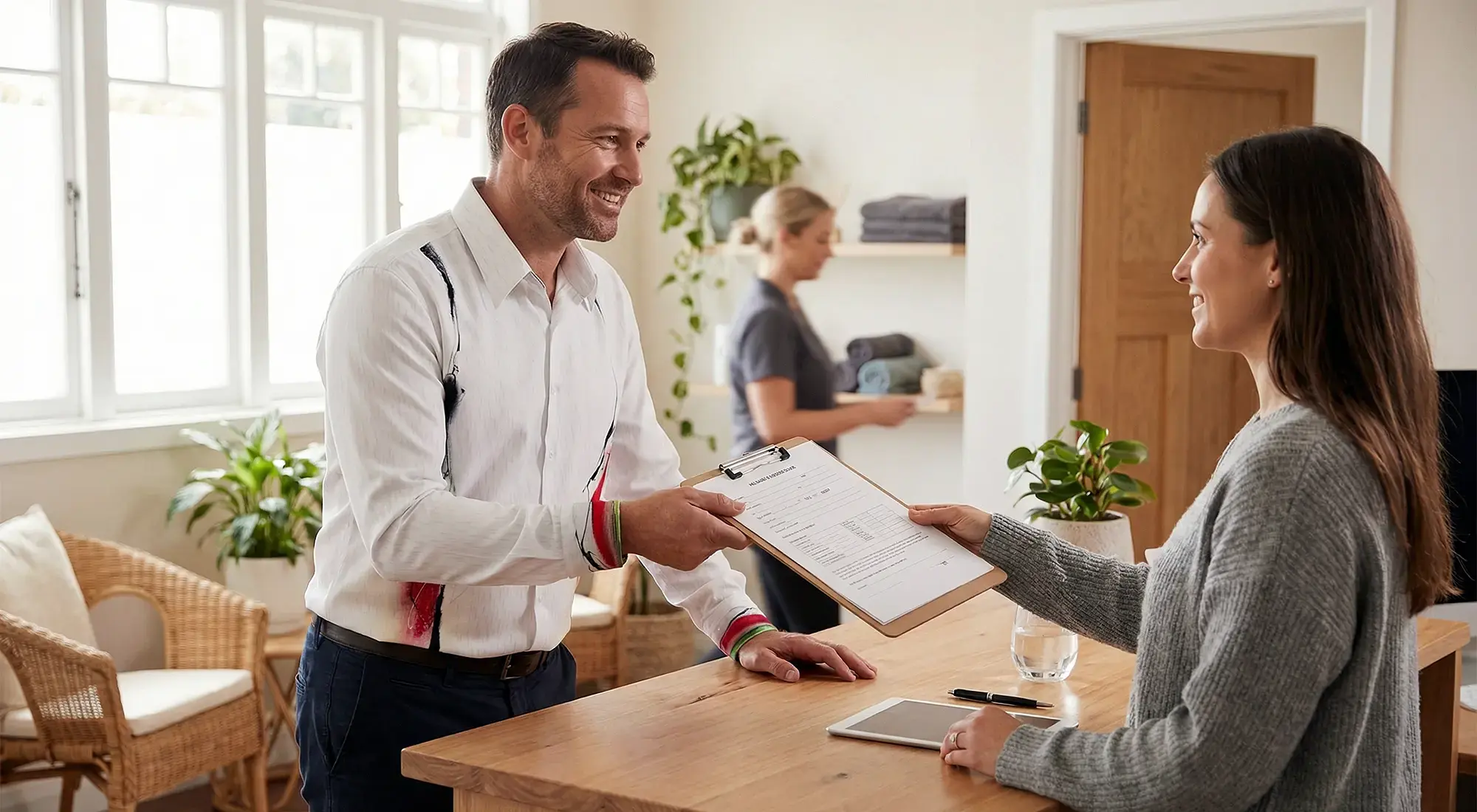 A customer receives a questionnaire from an osteopath. The osteopath is wearing the GERMENS FILITARI shirt.
