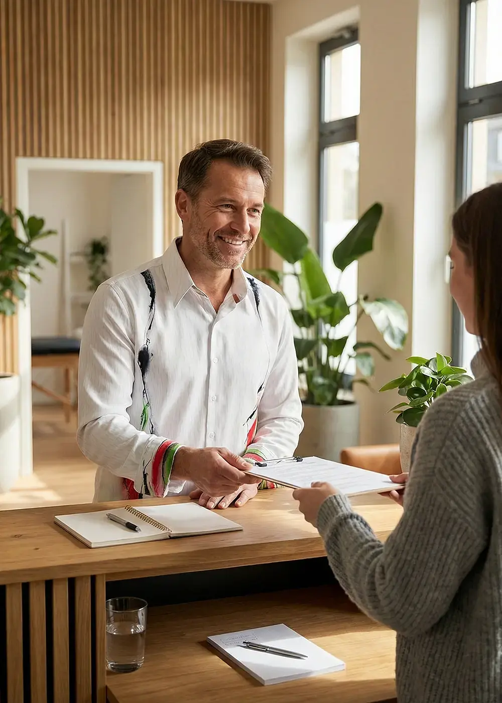 A customer receives a questionnaire from an osteopath. The osteopath is wearing the GERMENS FILITARI shirt.