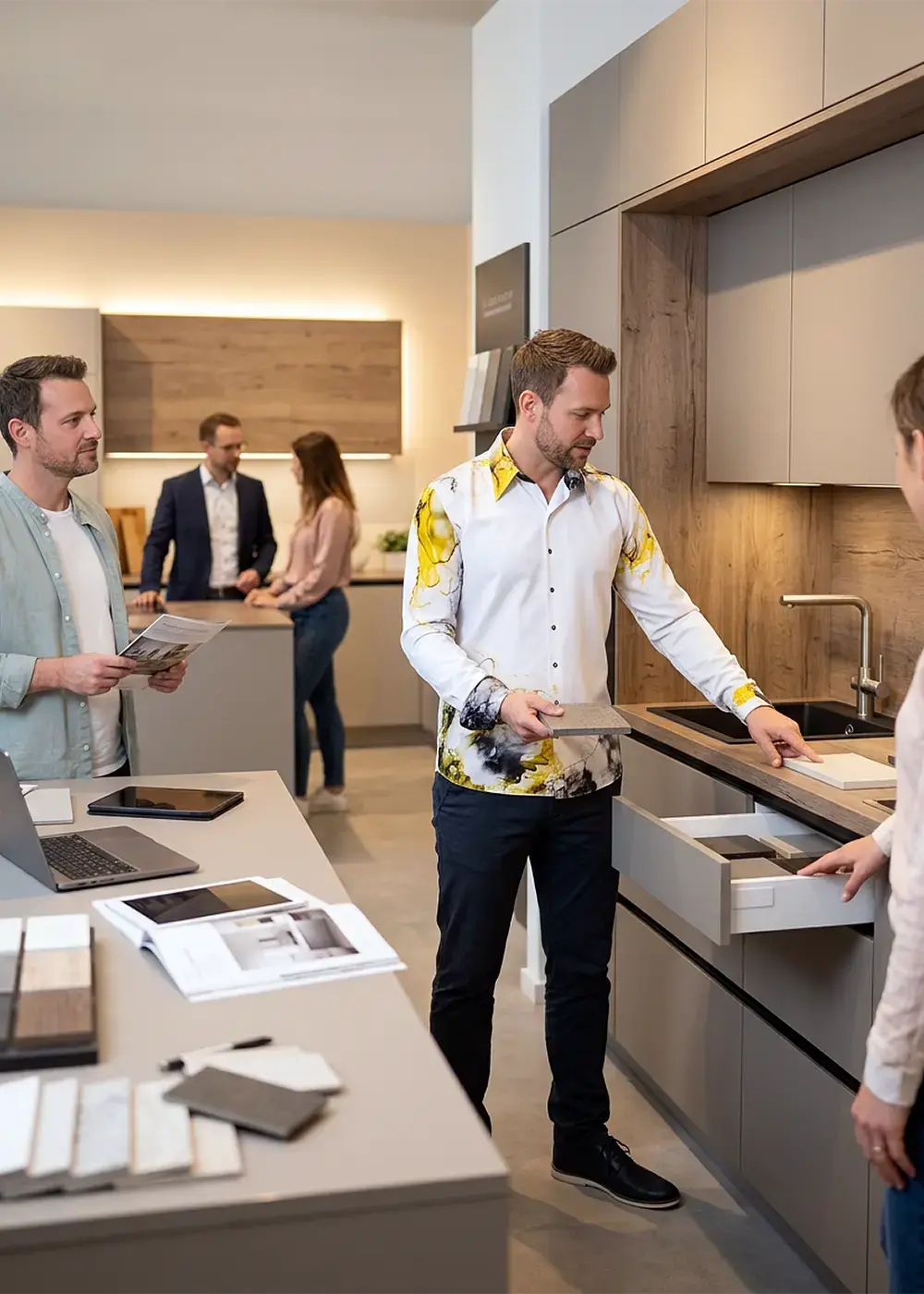 Customer advisor in kitchen studio advises prospective customers about a new kitchen. He is wearing the GERMENS NEBULA shirt.