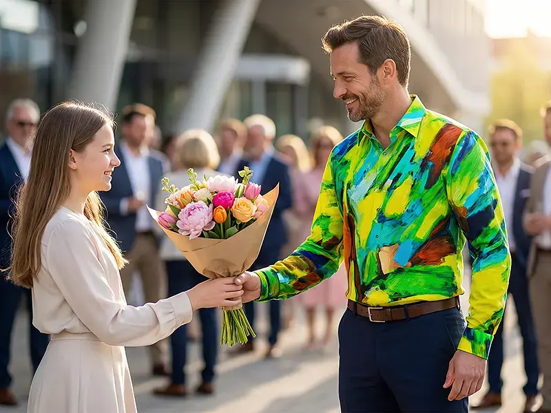 Youth initiation outfit: Coming-of-age ceremony — a modern guest look with the GERMENS LANDSCAPE WITH RIVER shirt, festive and uncomplicated.