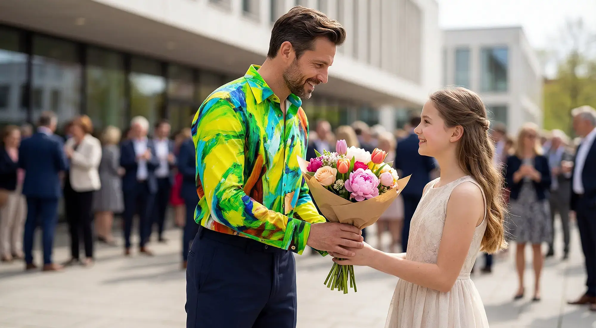 A man congratulates the young girl on her youth initiation ceremony and presents her with a bouquet of flowers. The man is wearing the GERMENS shirt Landscape with River.