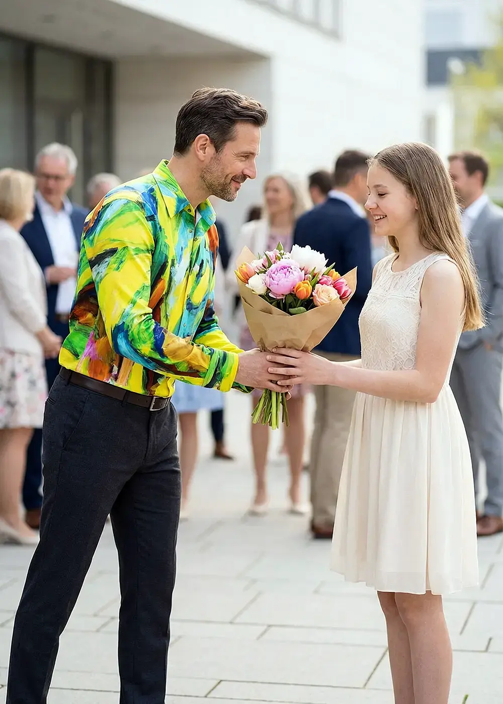 A man congratulates the young girl on her youth initiation ceremony and presents her with a bouquet of flowers. The man is wearing the GERMENS shirt Landscape with River.
