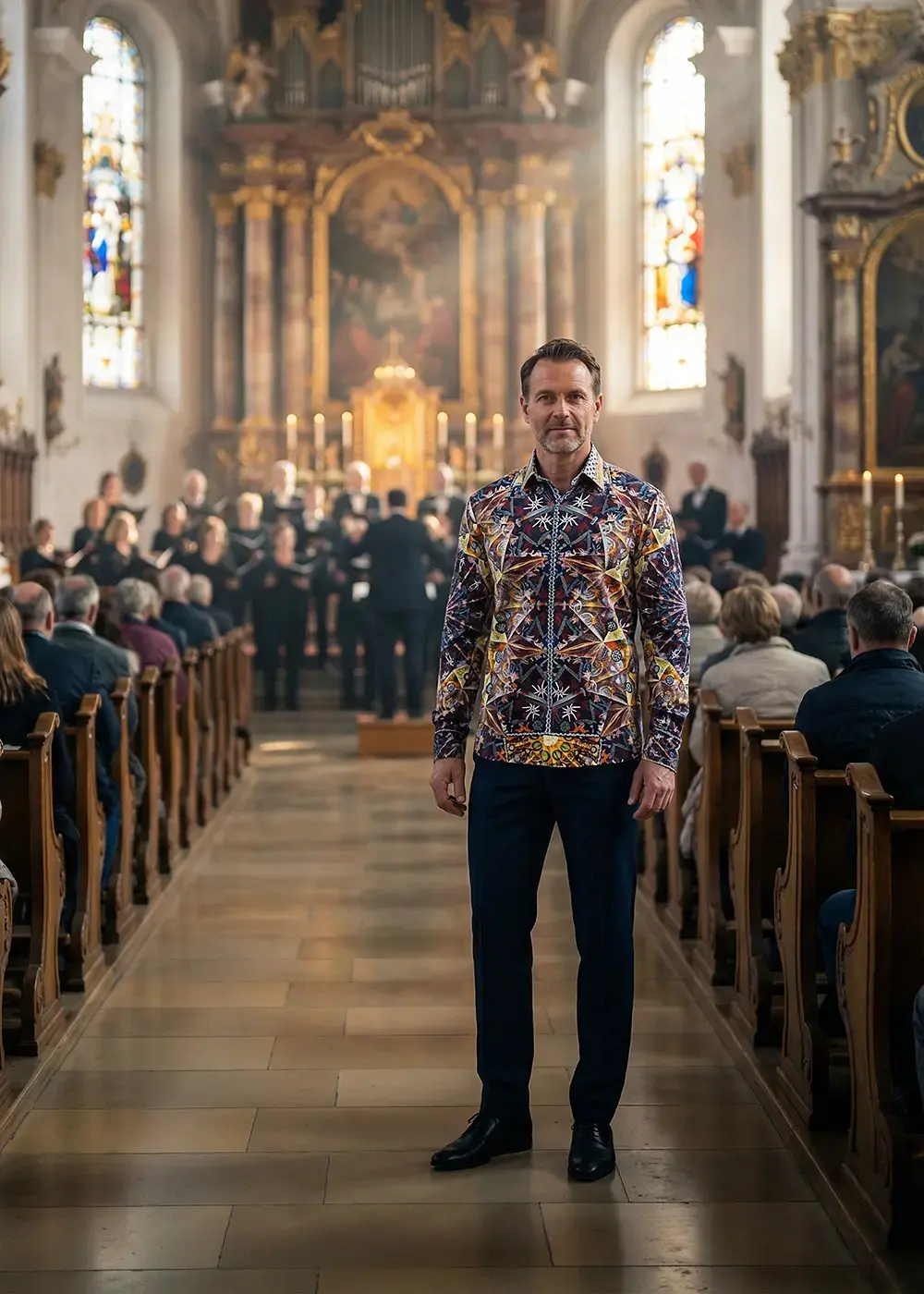 A man stands in a church during a church concert wearing the GERMENS PASA shirt.