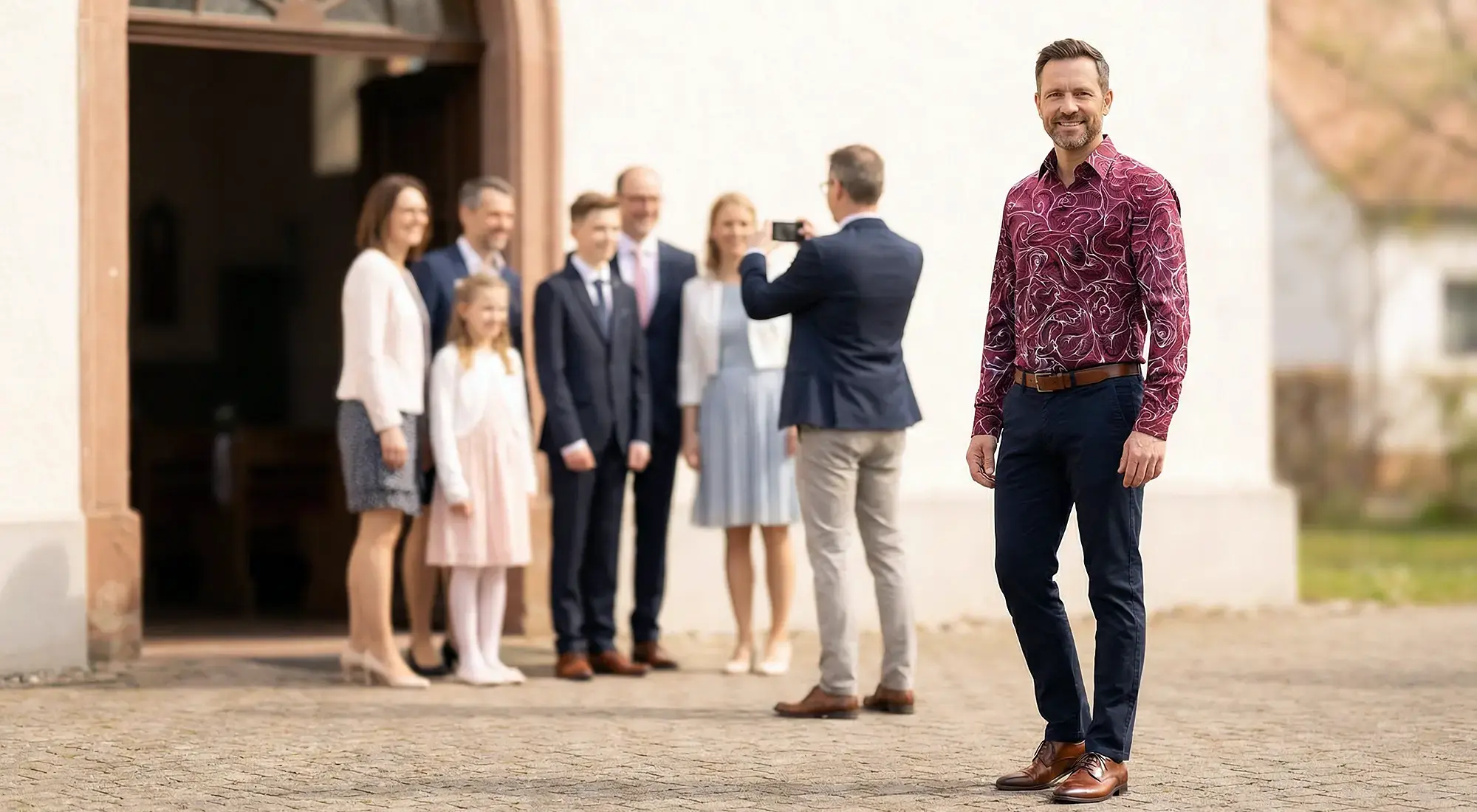 A guest at a confirmation party wears the GERMENS CONCHIFERA MARSALA shirt.