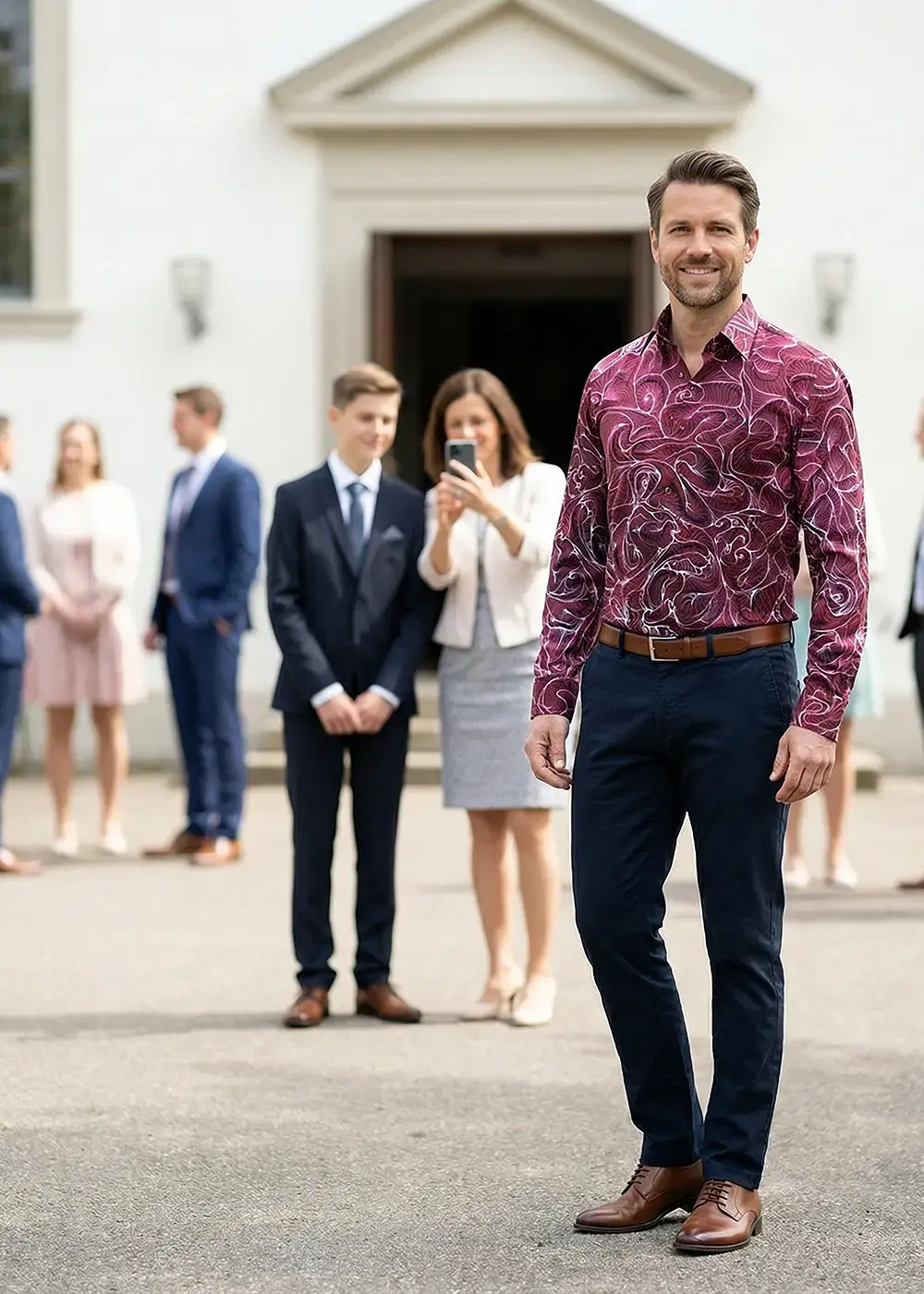 A guest at a confirmation party wears the GERMENS CONCHIFERA MARSALA shirt.