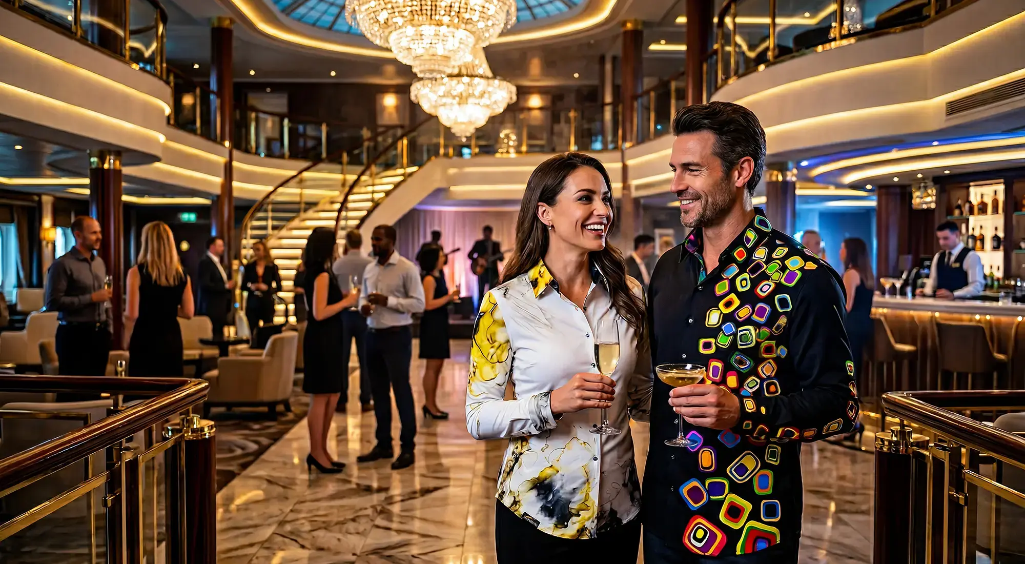 A married couple is on a cruise and attending an evening event. The man is wearing the GERMENS RAINY NIGHT shirt and the woman is wearing the NEBULA blouse.