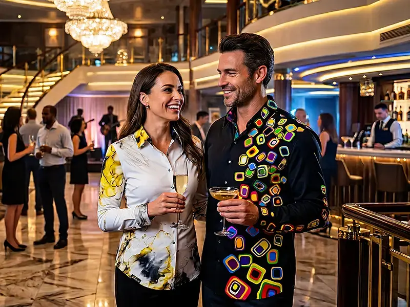 Cruise – the GERMENS RAINY NIGHT shirt for the evening and comfortable for the day. The lady is wearing a NEBULA blouse.