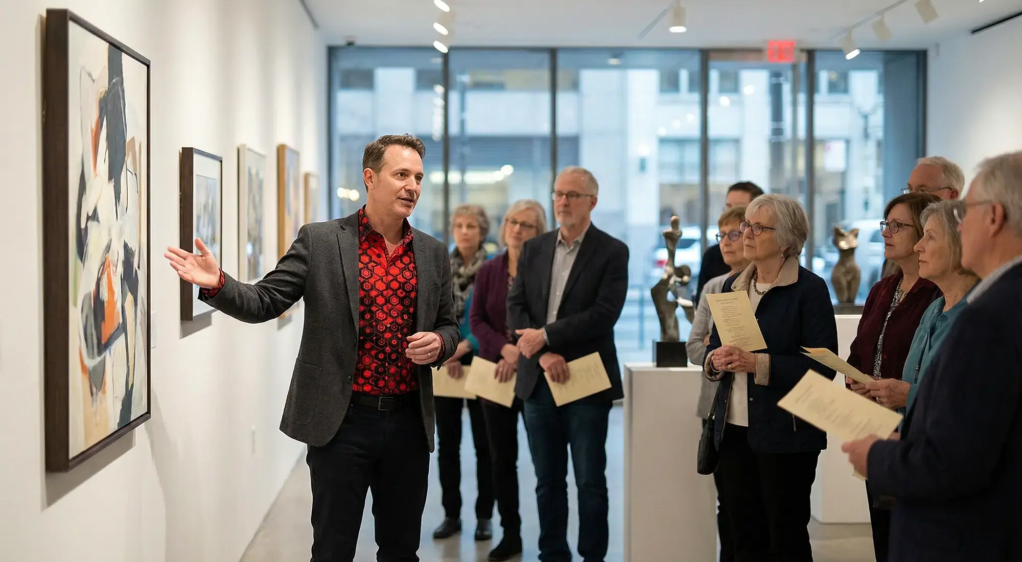 A guided tour of an art exhibition. The museum educator is wearing the red HEXAGON ZINNOBER shirt by GERMENS.