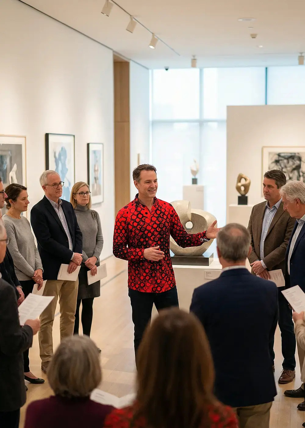 A guided tour of an art exhibition. The museum educator is wearing the red HEXAGON ZINNOBER shirt by GERMENS.
