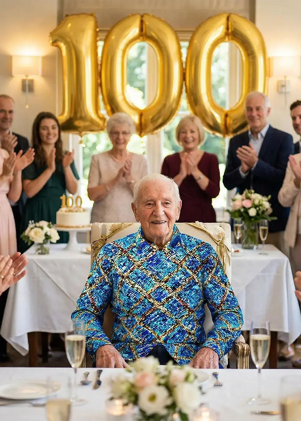 A man turns 100 and celebrates with his family. He is wearing the blue MIROUGE WINTER shirt from GERMENS.