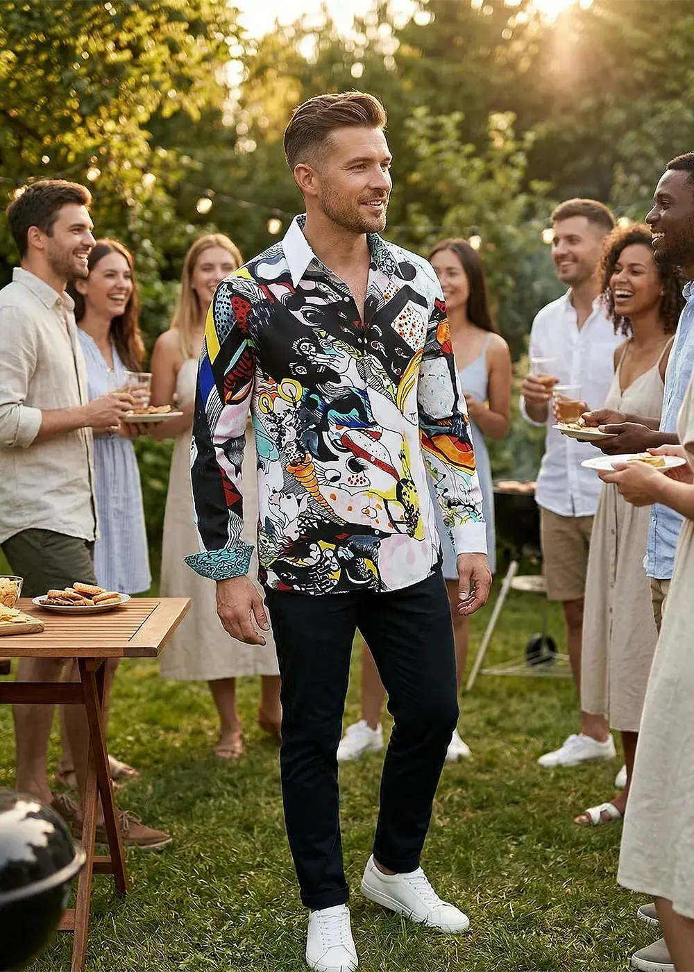 A young man around 30 years old wears the cool GERMENS JING JONG shirt at a garden party.