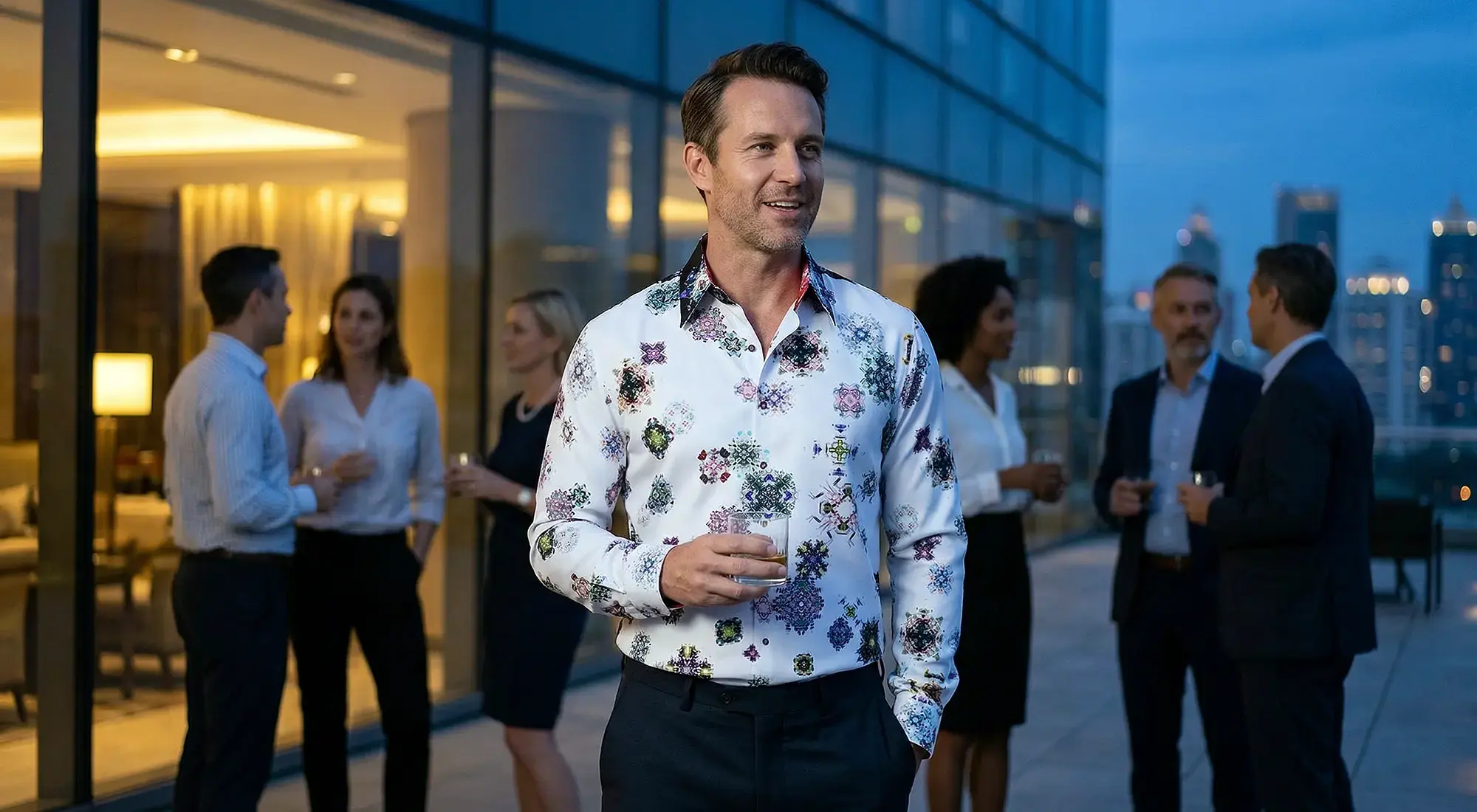 Bei einer abendlichen Treffen auf einer Geschäftsreise trägt der Mann und die 40 das GERMENS Hemd KALEIDOSCOPE