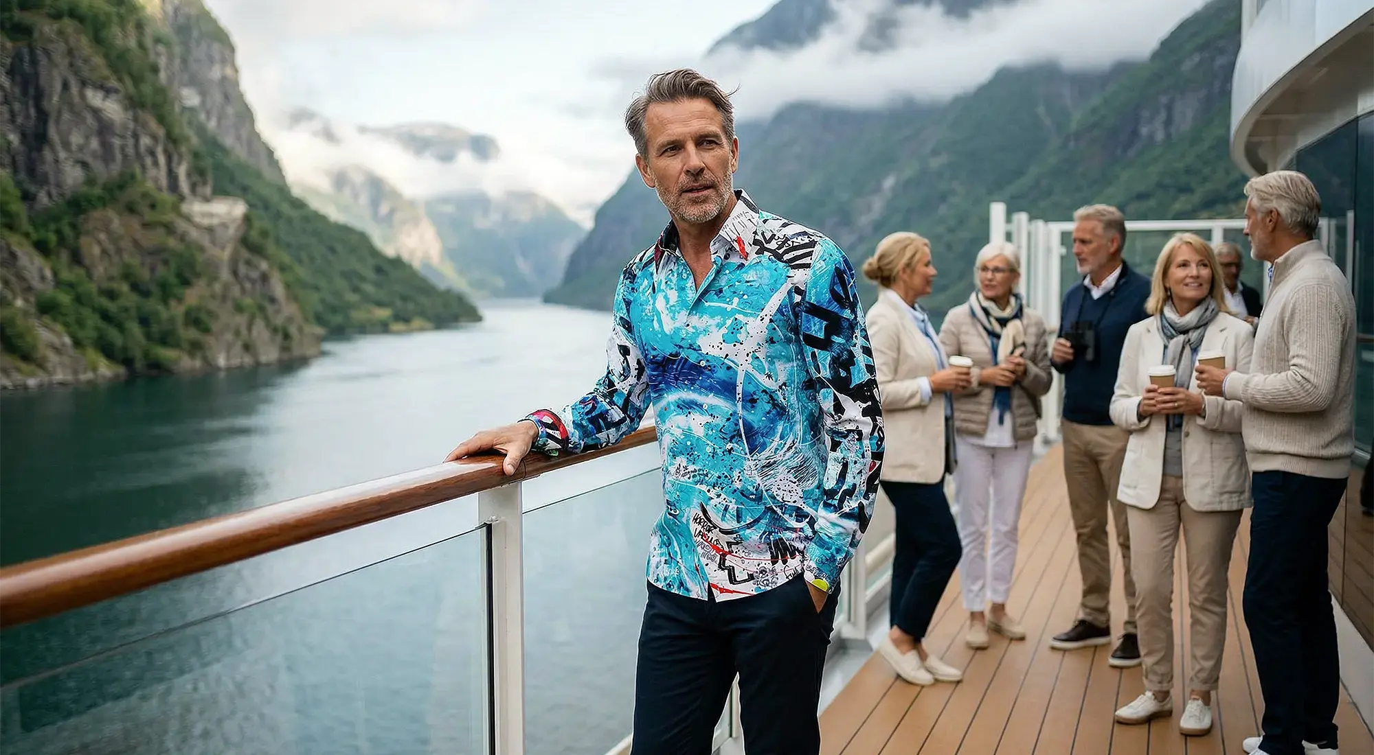 Ein Mann um die 50 befindet sich auf einem Kreuzfahrtschiff in den Fjorden Norwegens und trägt das GERMENS Hemd DAS WUNDER BIST DU