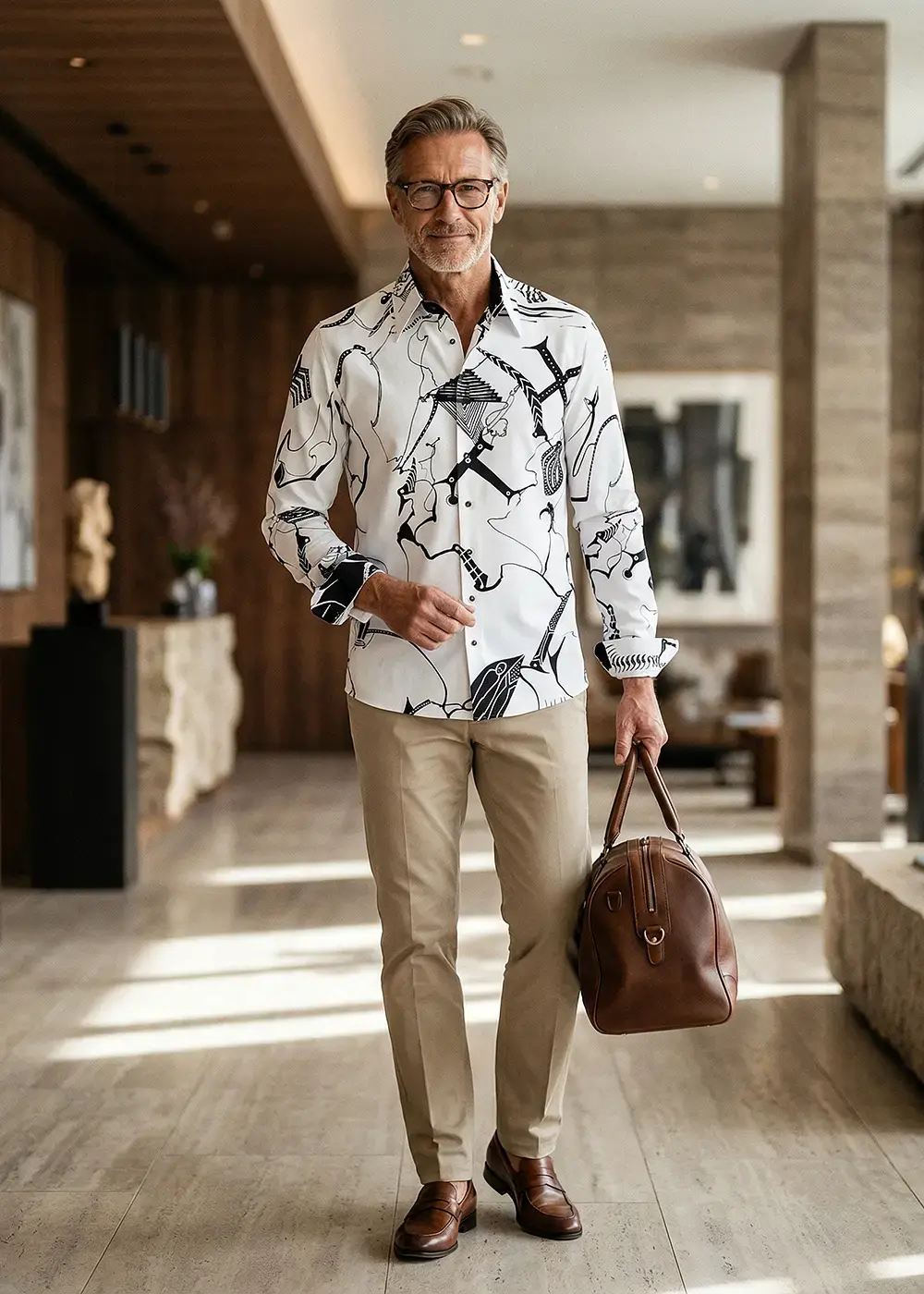 A man in his 60s is standing in a hotel lobby wearing the black and white GERMENS SIGNAL X shirt.