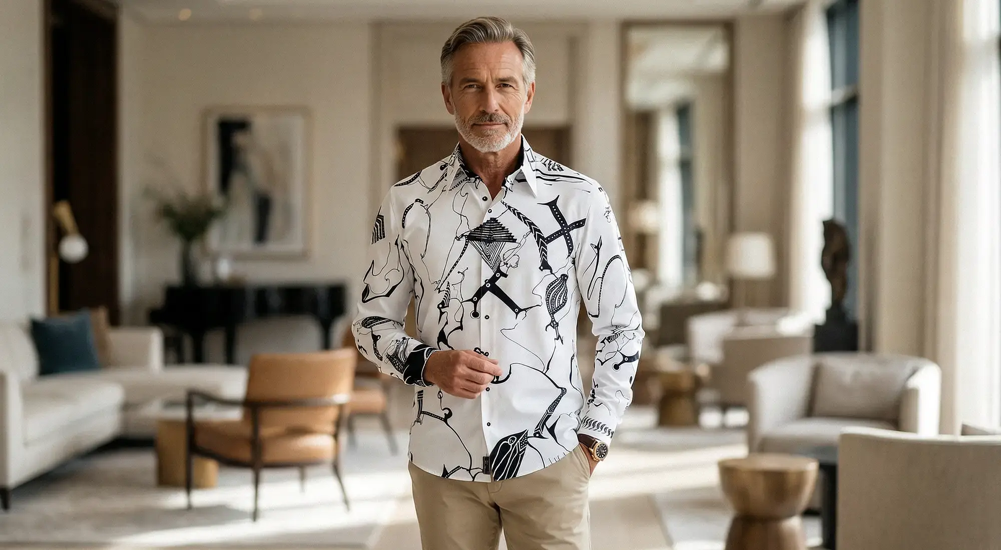 A man in his 60s is standing in a hotel lobby wearing the black and white GERMENS SIGNAL X shirt.