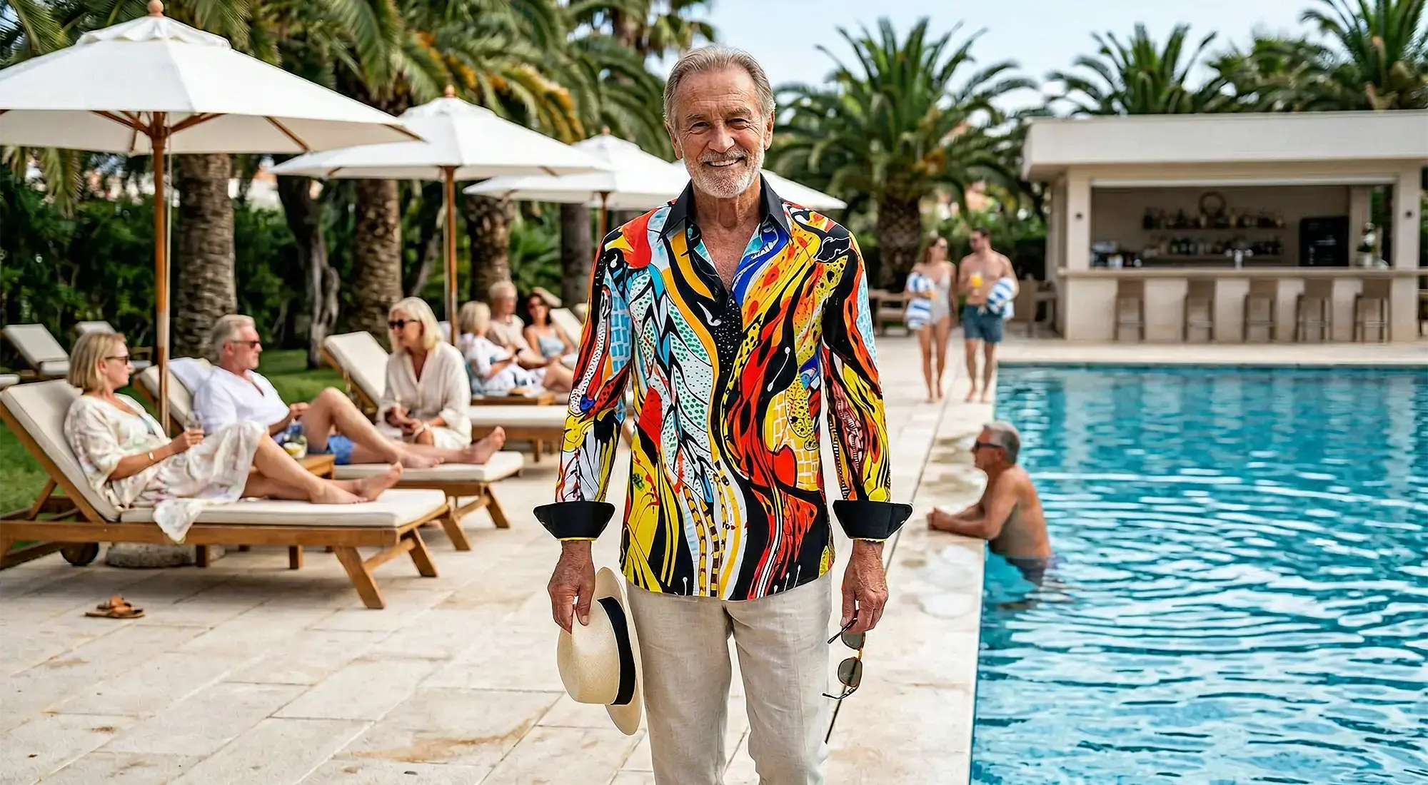 A man in his 70s is standing by the pool at a vacation hotel wearing the colorful PRACHTKERL EXINATO shirt from GERMENS.