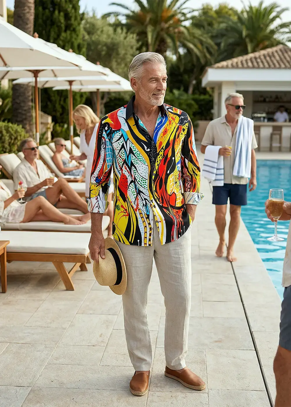 A man in his 70s is standing by the pool at a vacation hotel wearing the colorful PRACHTKERL EXINATO shirt from GERMENS.
