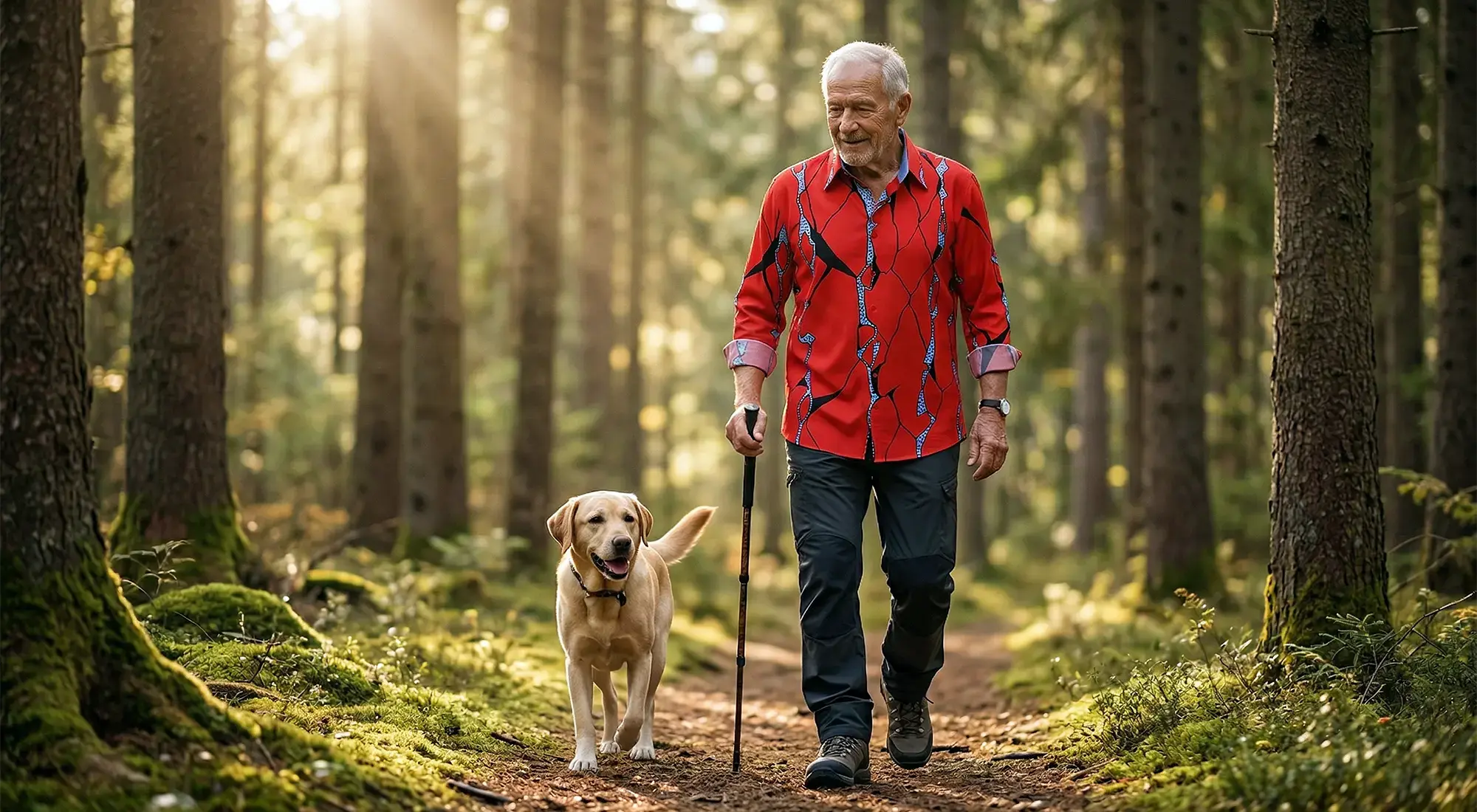 A man in his 80s is walking his dog along a forest path wearing a red ROTER FELS shirt from GERMENS.