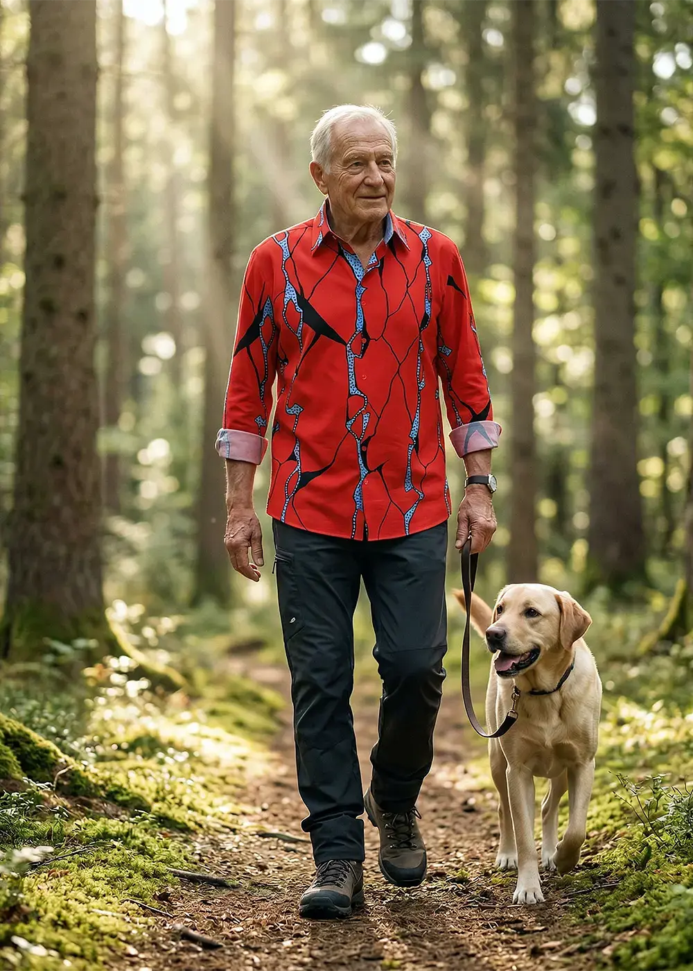 A man in his 80s is walking his dog along a forest path wearing a red ROTER FELS shirt from GERMENS.