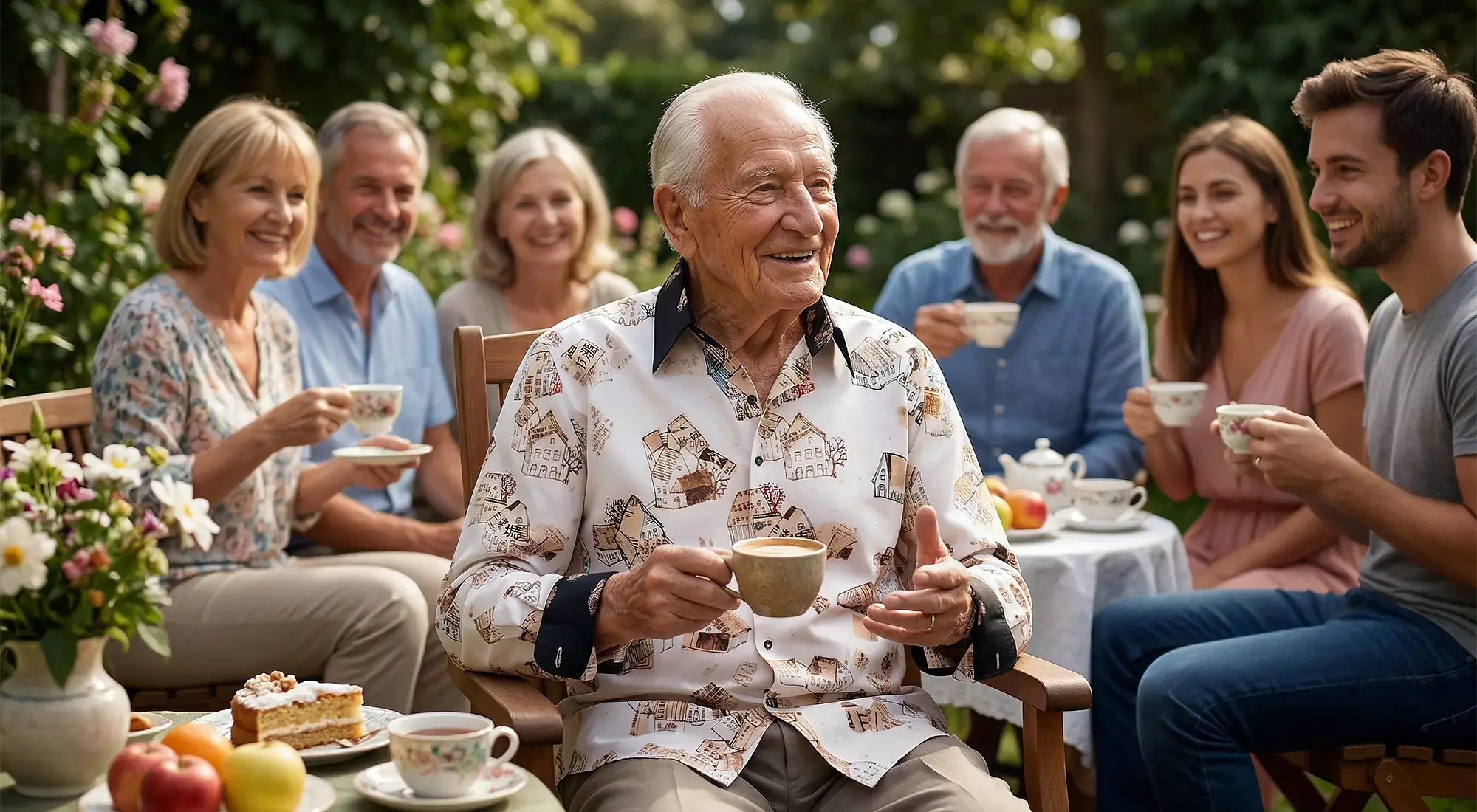 An elderly man around 90 years old at a family gathering in the garden, wearing the brown HOUSES shirt by GERMENS.