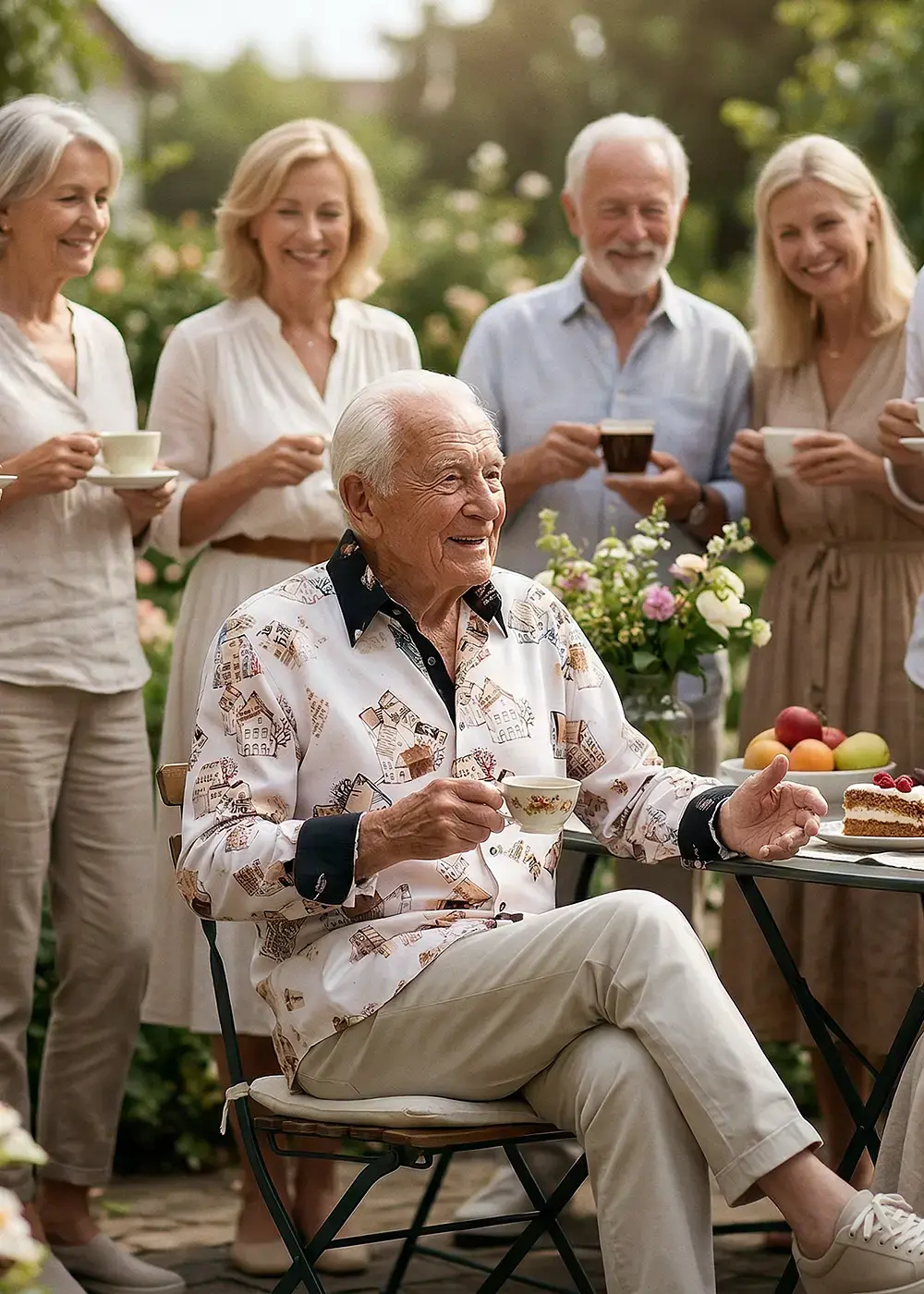 An elderly man around 90 years old at a family gathering in the garden, wearing the brown HOUSES shirt by GERMENS.