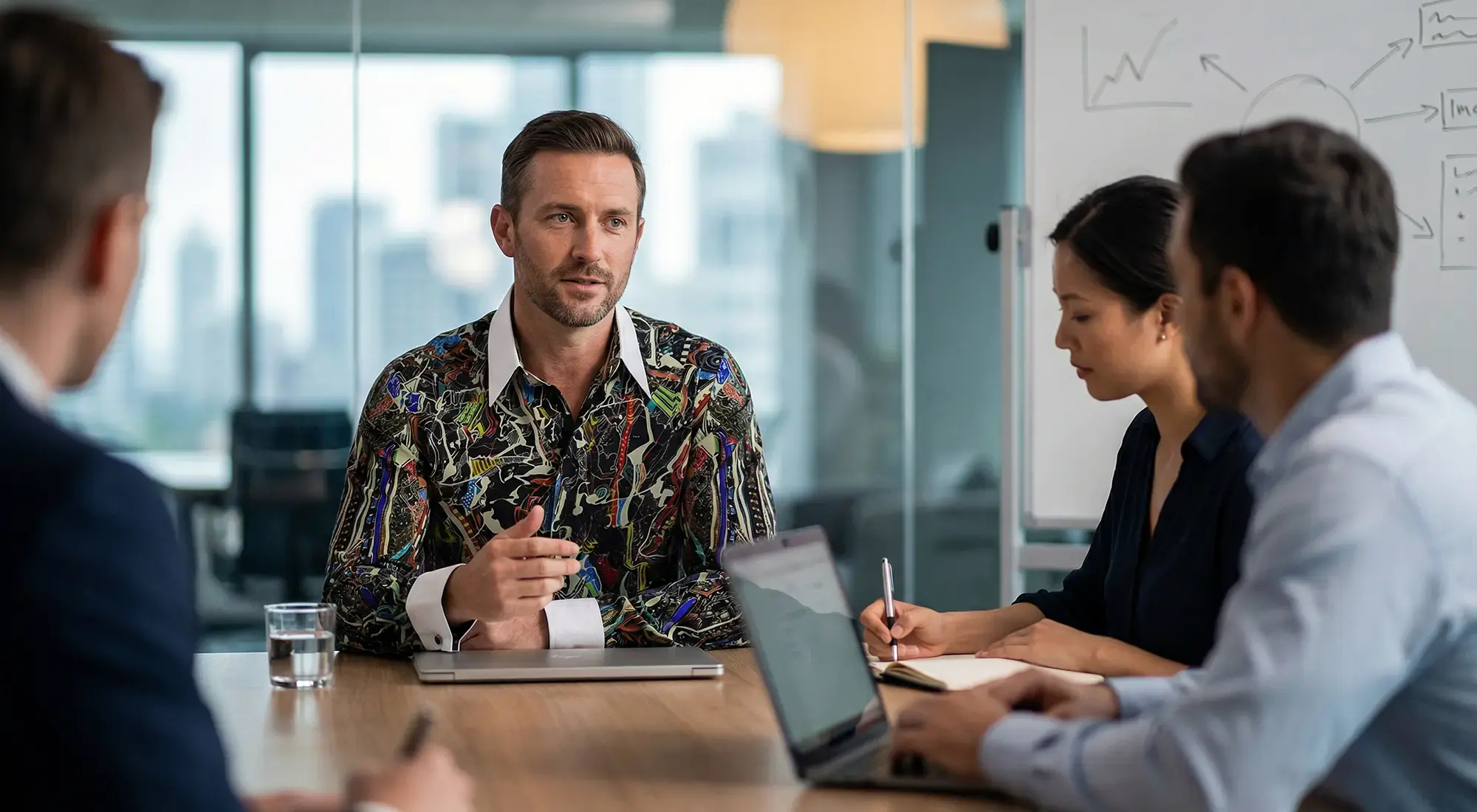 Project meeting in the office. The manager is wearing the GERMENS RINDENHEMD shirt.