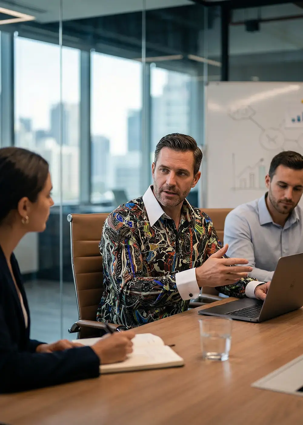 Project meeting in the office. The manager is wearing the GERMENS RINDENHEMD shirt.