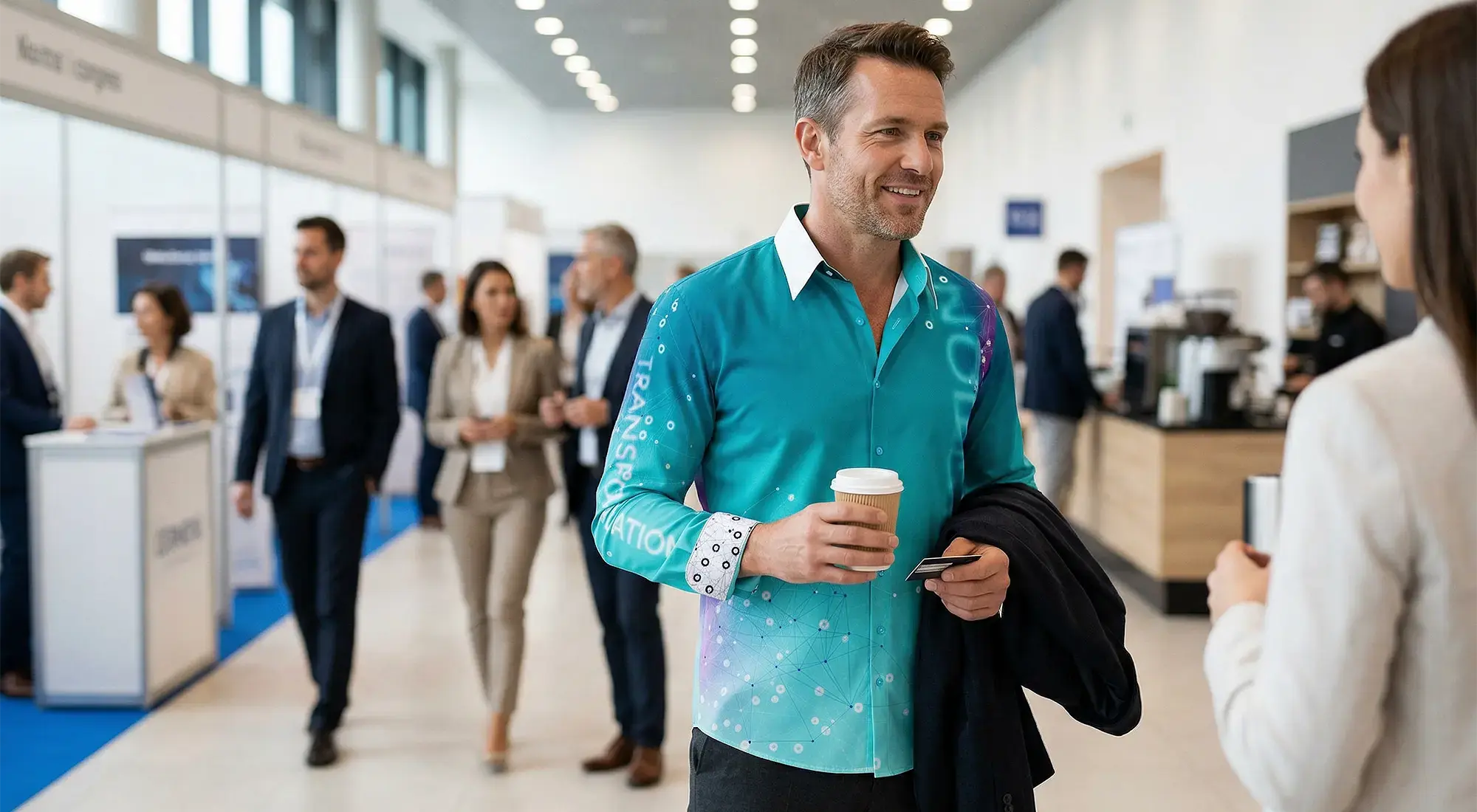 Ein Mitarbeiter eines Unternehmens ist auf einer Fachmesse und trägt das GERMENS Hemd EVOLUTION. Er sorgt für neugierige Blicke und es ergeben sich Gespräche auf einer unkonventionellen Art und Weise.