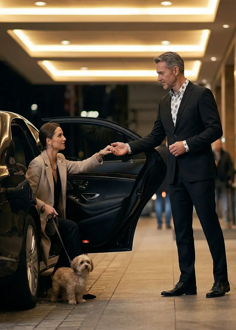 A chauffeur helps a lady with a dog to get out of the car. The chauffeur is wearing a black suit and underneath it the GERMENS OSTSEEBUHNE shirt.