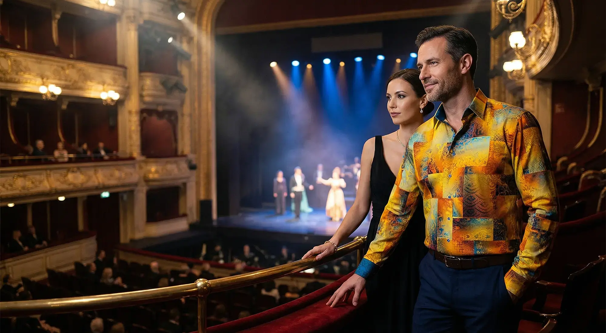 A couple is in a box at the opera. The man is wearing the GERMENS Draco Gold shirt.