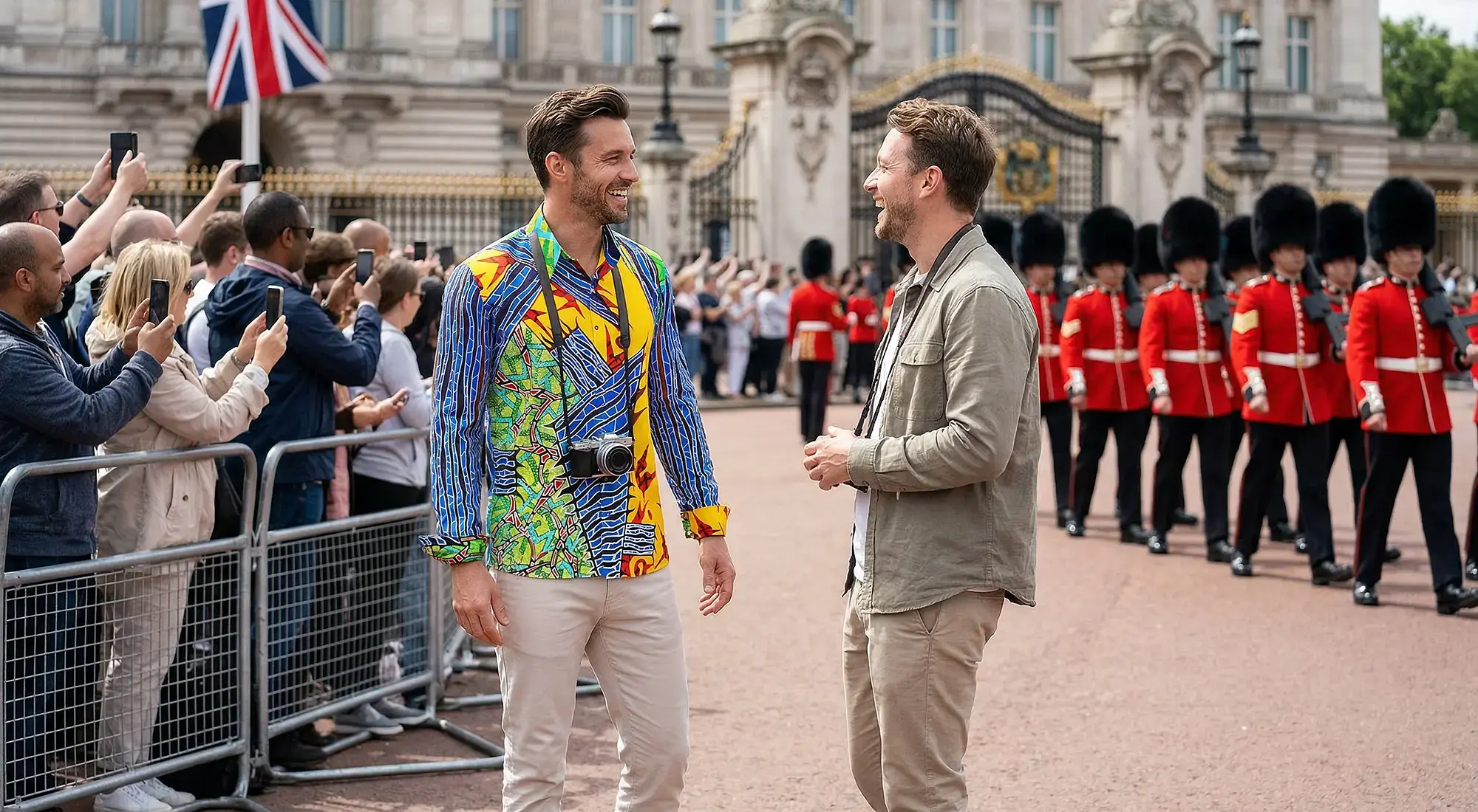 Ein Mann bereist London und trägt das auffällige Hemd IRIX von GERMENS. Er kommt ins Gespräch mit einem anderen Tourist.