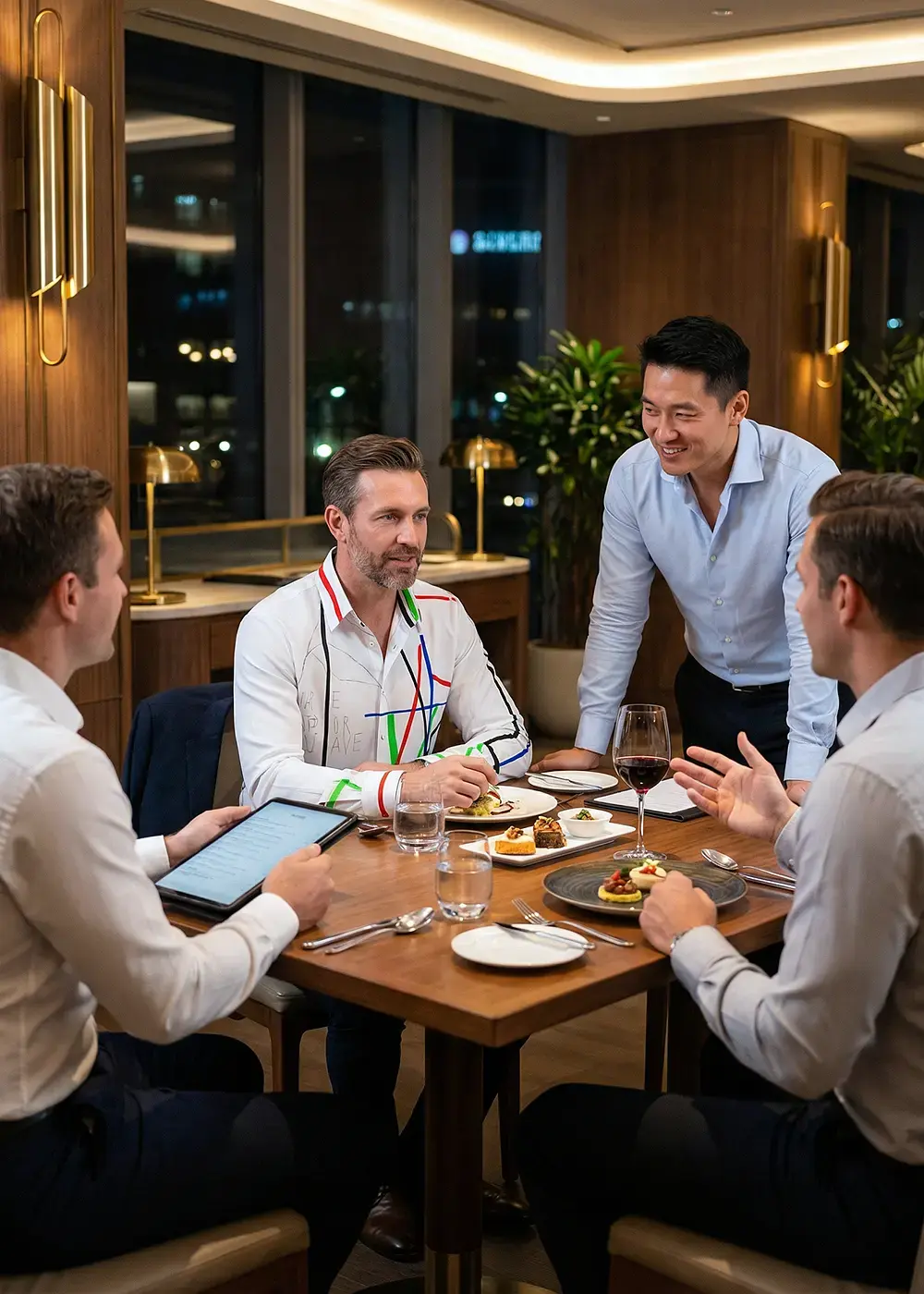 A business lunch in a hotel restaurant. A man is wearing the GERMENS TAPE IT OR LEAVE IT shirt.