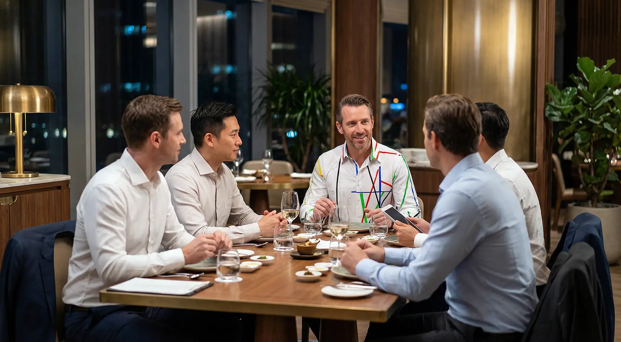 A business lunch in a hotel restaurant. A man is wearing the GERMENS TAPE IT OR LEAVE IT shirt.
