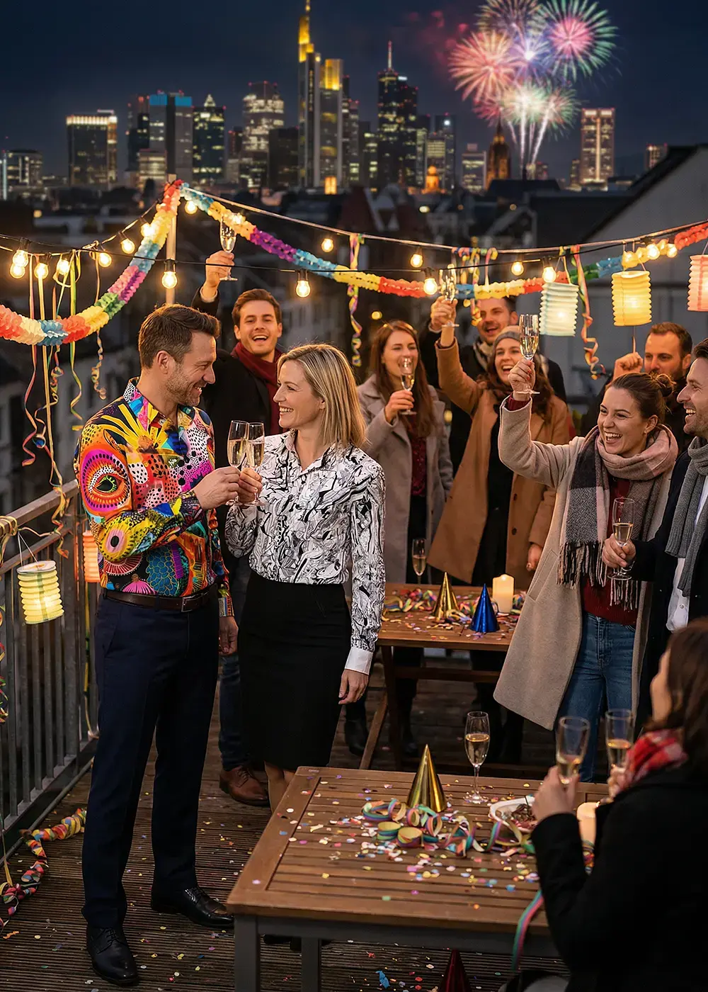 Guests celebrate New Year's Eve on a rooftop terrace. A man wears a colorful ZIRPA shirt and a woman wears a black and white GREYTRAIN blouse.