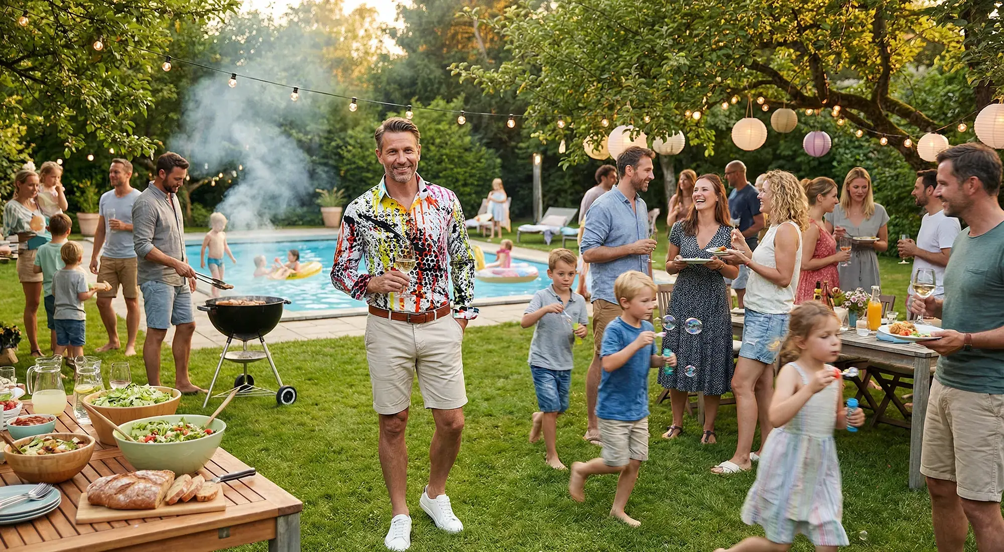 A guest at a summer party wears the colorful GERMENS shirt LUXUS ISST ZEIT.