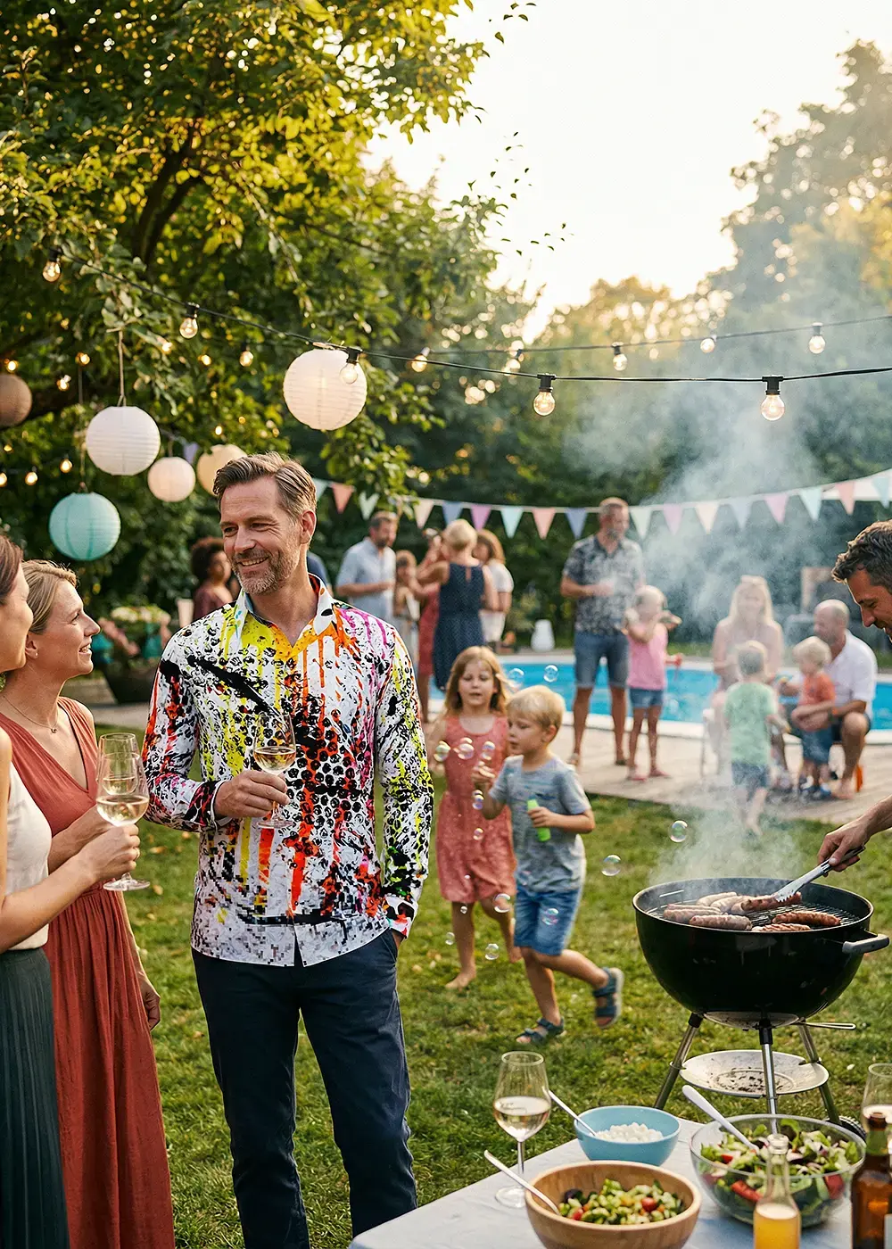 A guest at a summer party wears the colorful GERMENS shirt LUXUS ISST ZEIT.