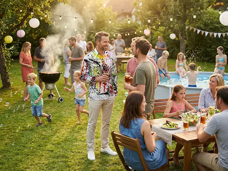 Summer party – barbecue, music, conversation: the GERMENS LUXUS ISST ZEIT shirt is suitable for everyday wear, yet still special.