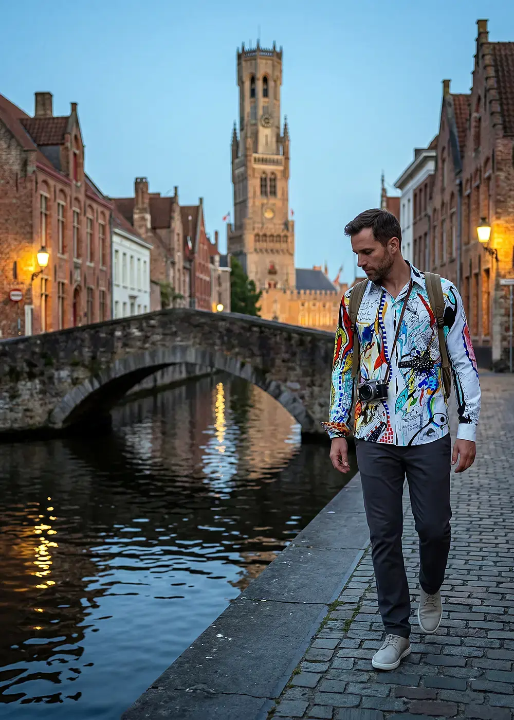 A man wearing a colorful GERMENS PARADIES shirt in the Belgian city of Bruges