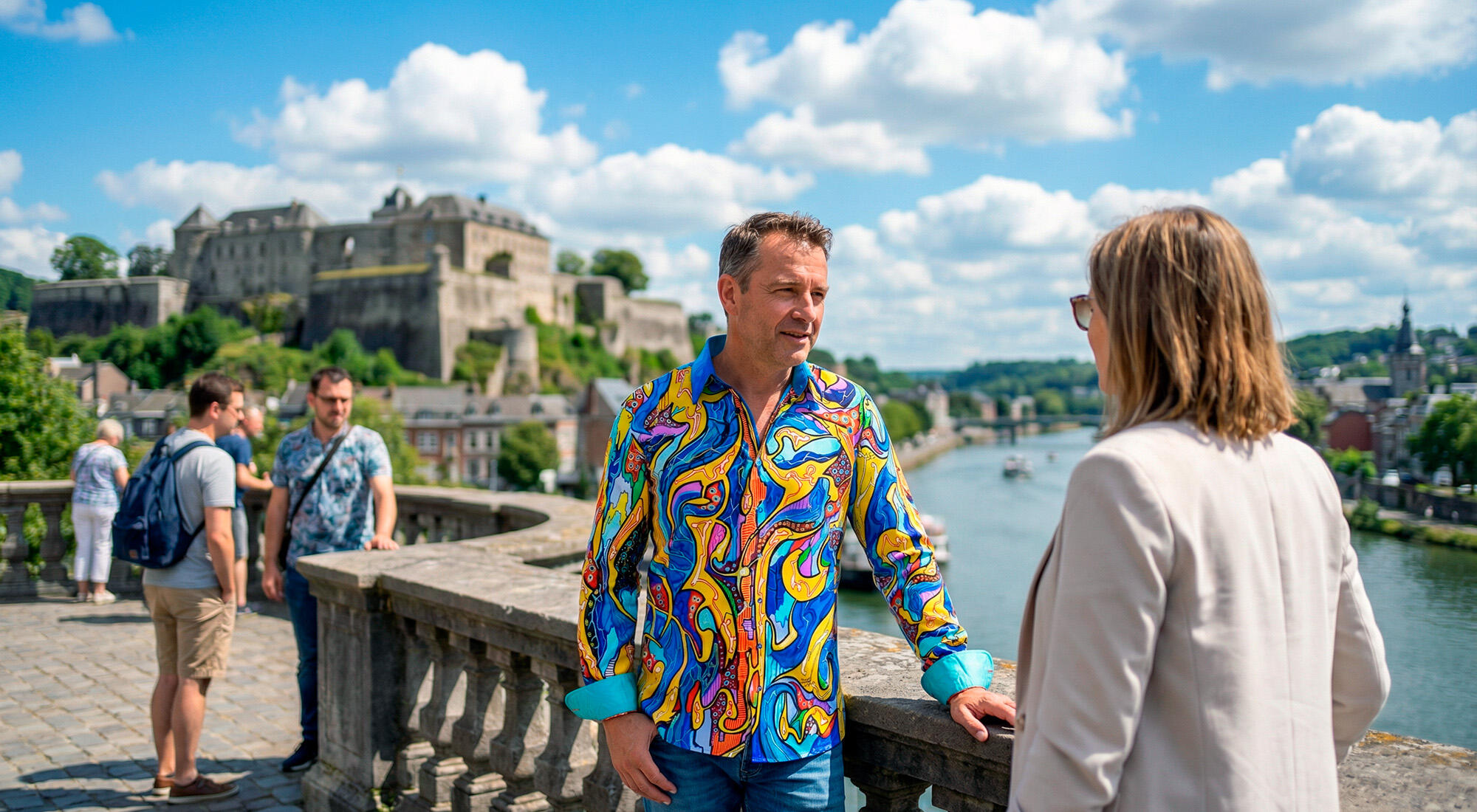 Eine Frau mit Ihrem Mann unterwegs in der belgischen Stadt Namur. Der Mann trägt ein auffälliges GERMENS Hemd ORNAMI