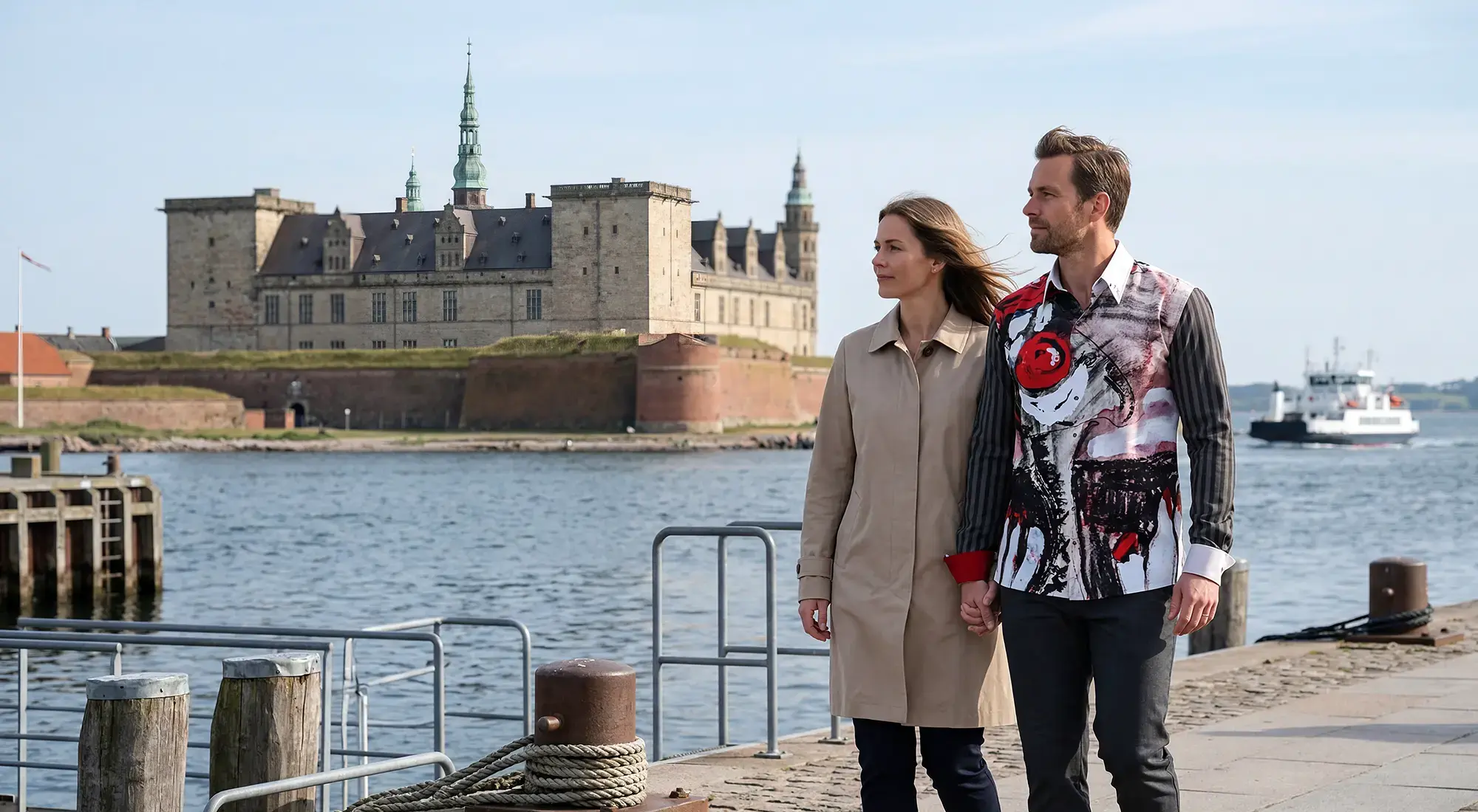 A married couple strolls through the Danish city of Helsingør. The man wears the gray and red NEZ ROUGE shirt by GERMENS.