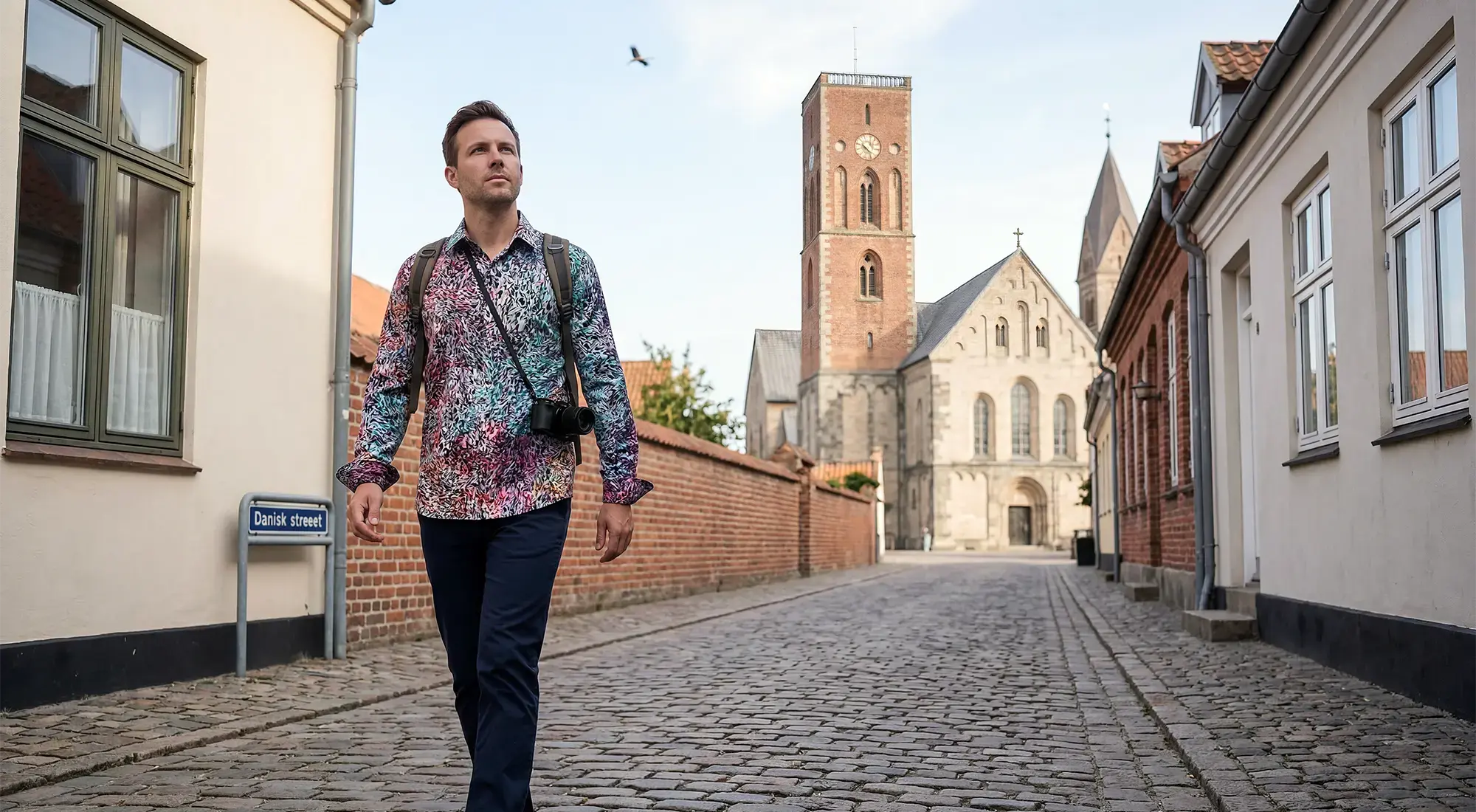 A tourist strolls through the city center of Ribe in Denmark. He is wearing the colorful FRAXI MULTISE shirt from GERMENS.