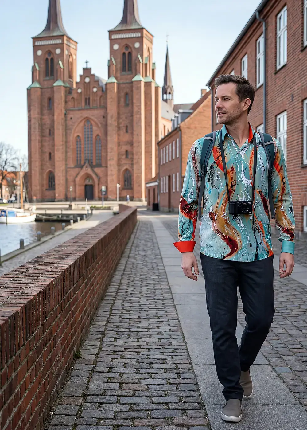 A tourist strolls through the Danish city of Roskilde. He is wearing the eye-catching RUDER shirt from GERMENS.