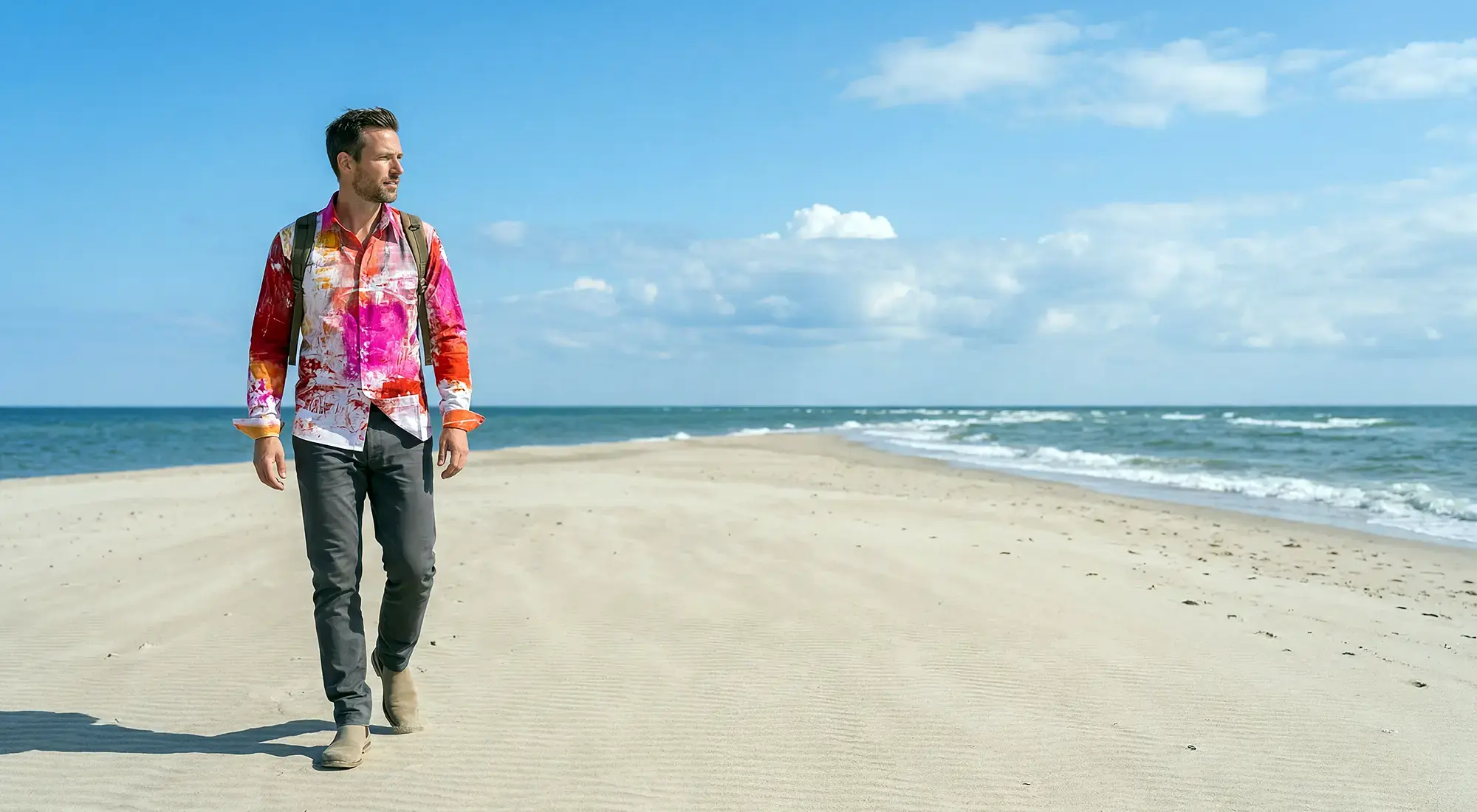 A man is walking on Skagen beach. He is wearing the pink VERVE SAPHIR shirt by GERMENS.