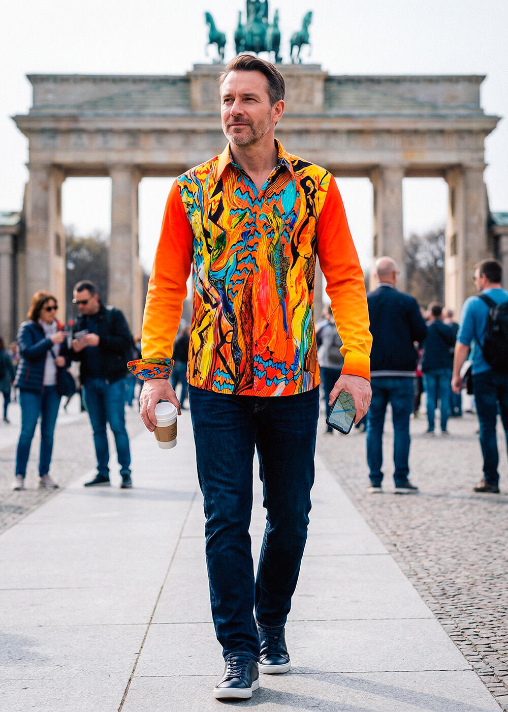 Mann im bunten GERMENS Hemd NIGHTSUN vor dem Brandenburger Tor in Berlin