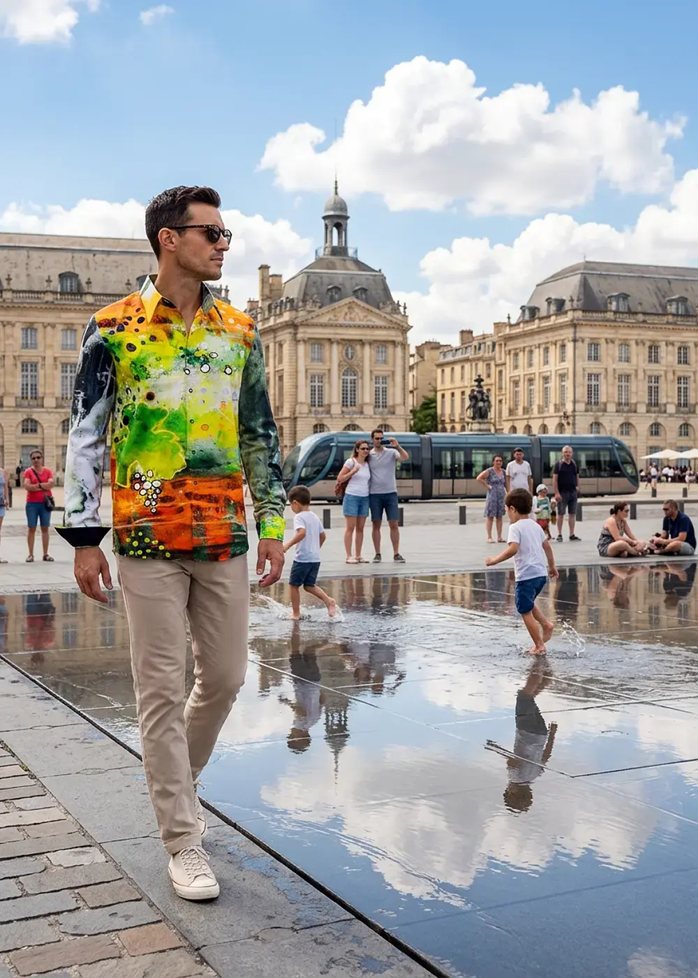 A tourist walks through the French city of Bordeaux wearing a colorful AUSLESE shirt by GERMENS. The shirt features an artistic depiction of grapes and leaves.