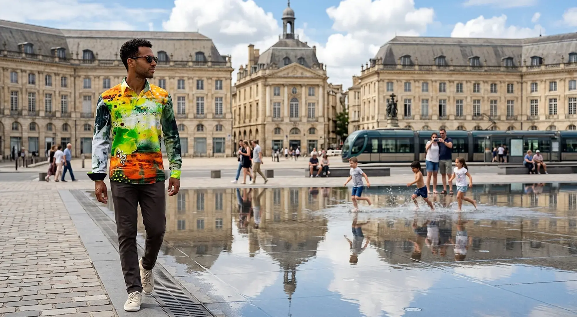 A tourist walks through the French city of Bordeaux wearing a colorful AUSLESE shirt by GERMENS. The shirt features an artistic depiction of grapes and leaves.