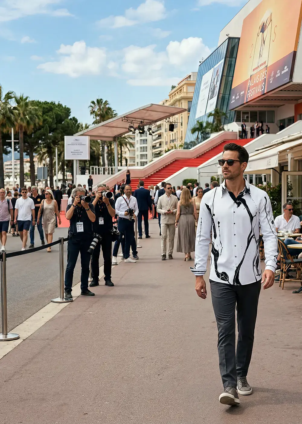 A man walks through Cannes and attracts attention with his black and white LEBENSADER SCHIMMEL shirt by GERMENS.