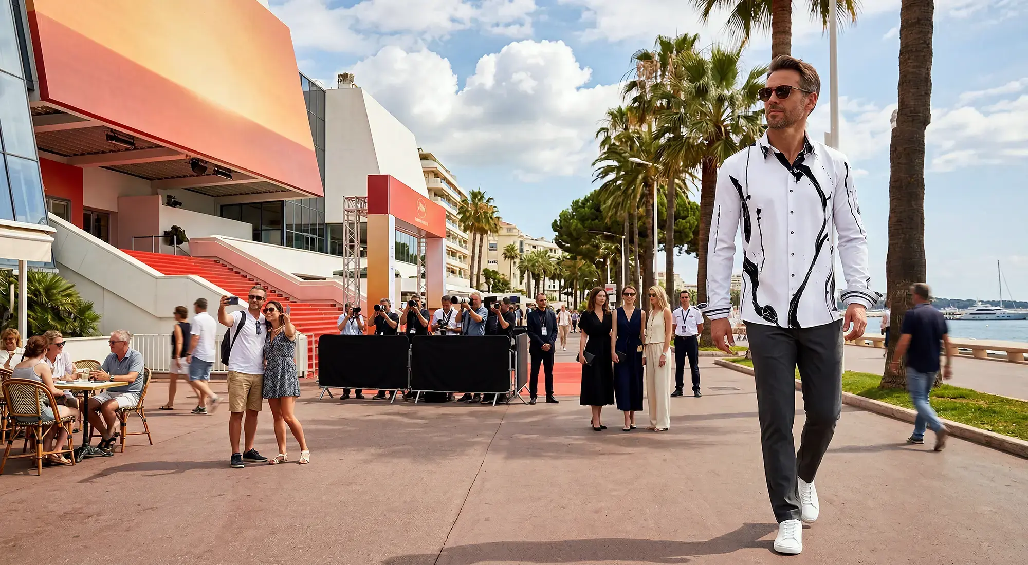 A man walks through Cannes and attracts attention with his black and white LEBENSADER SCHIMMEL shirt by GERMENS.